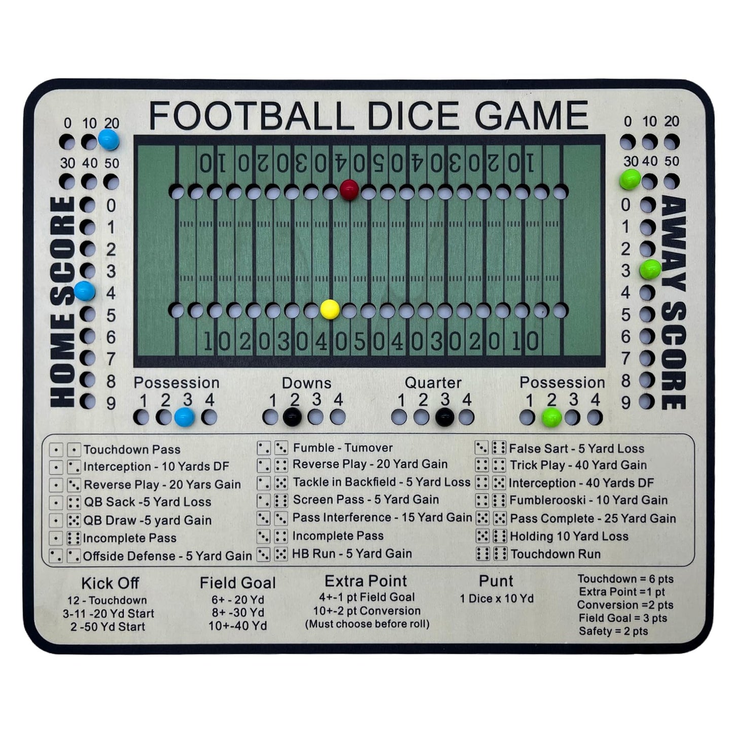 Poliveyy Football Dice Game – Tabletop Wood Board Game with Scoring Track for Family Fun