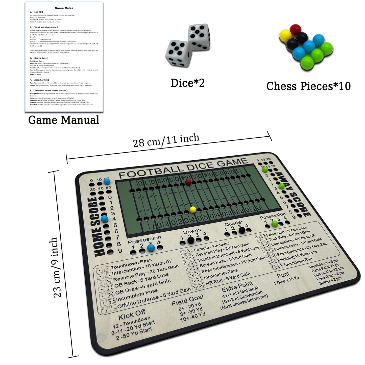 Poliveyy Football Dice Game – Tabletop Wood Board Game with Scoring Track for Family Fun