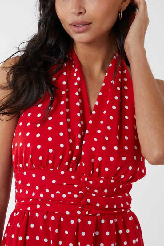 Polka Dot Halterneck Button Belt Maxi Dress Size