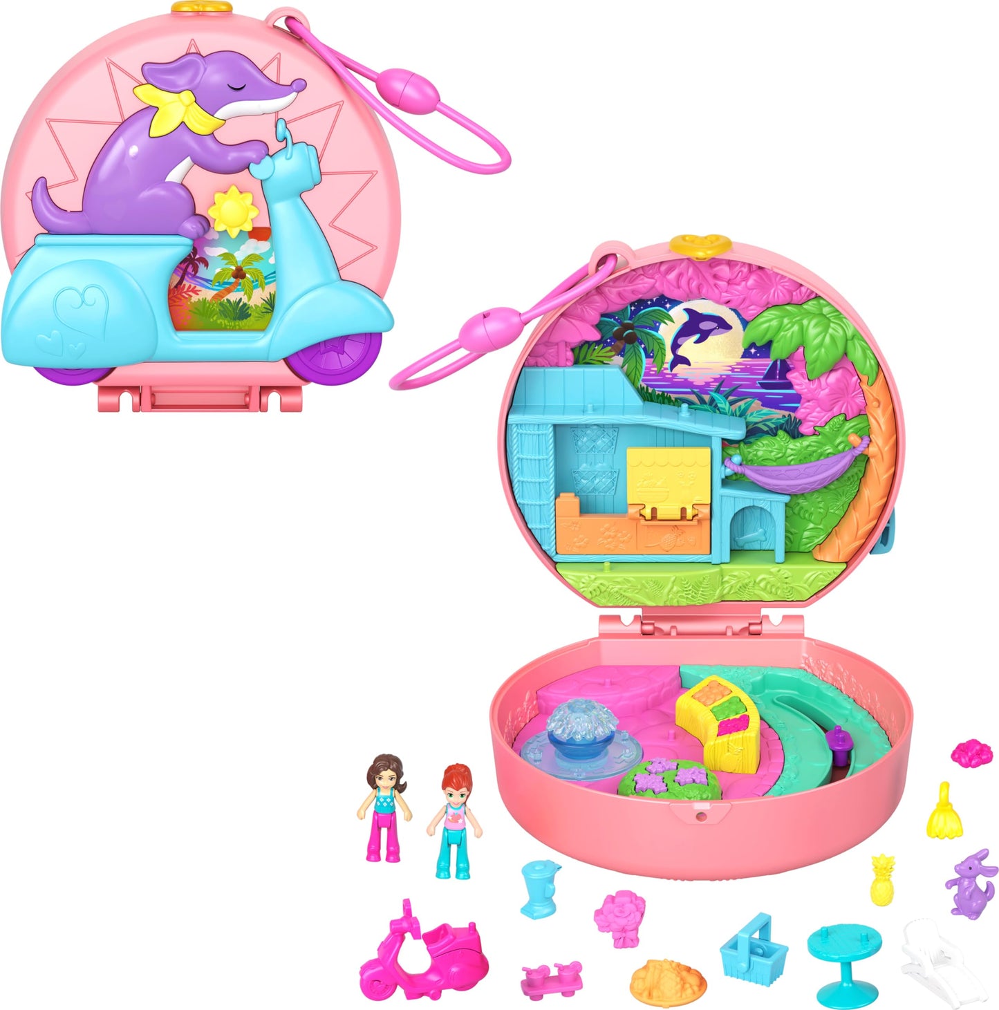 Polly Pocket Adventure Moped Compact – 2 Micro Dolls, Puppy & 12 Accessories