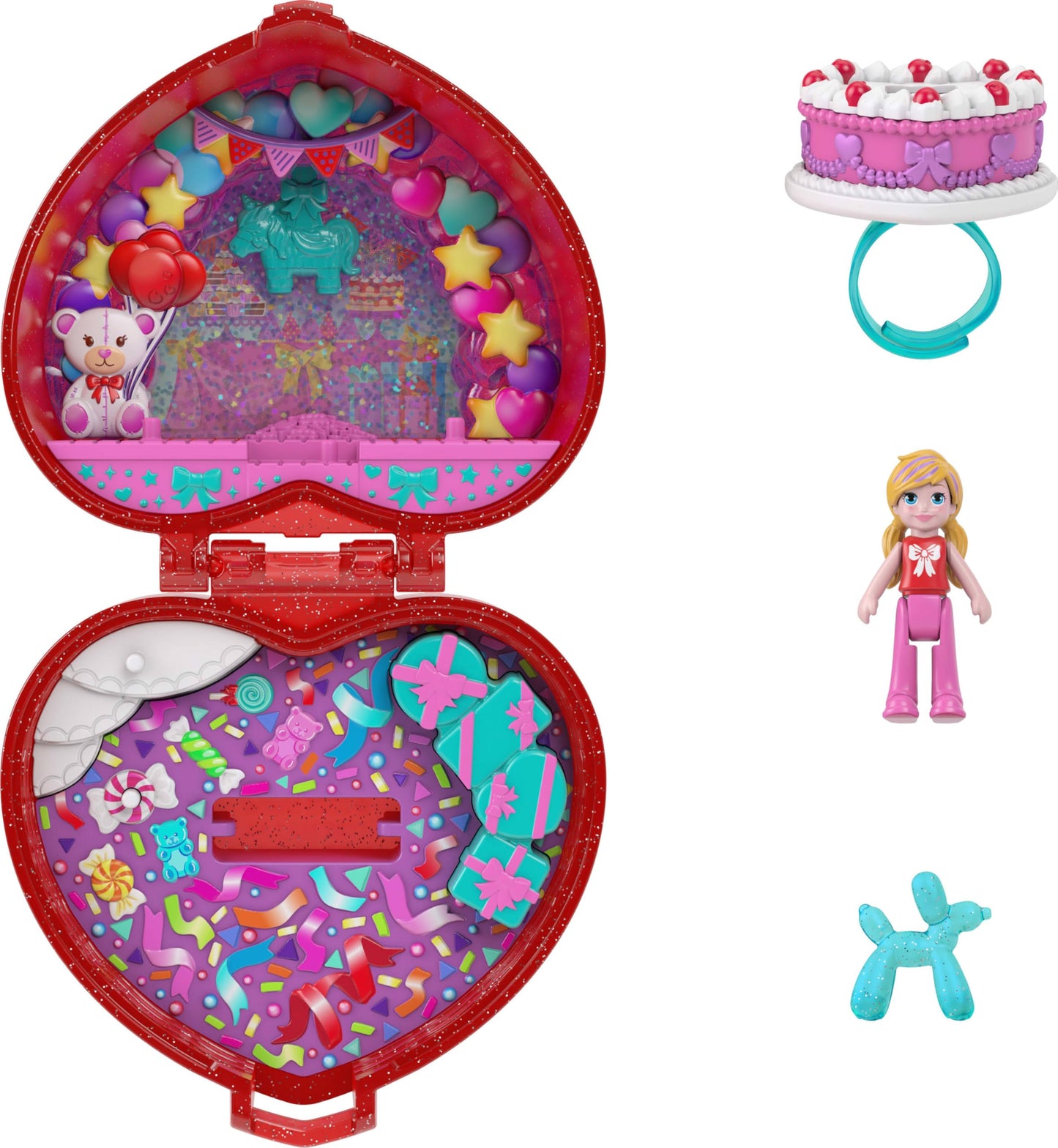 Polly Pocket Mattel 80th Anniversary Ring Box Compact Playset – Doll, Balloon Pet, and Cake Ring