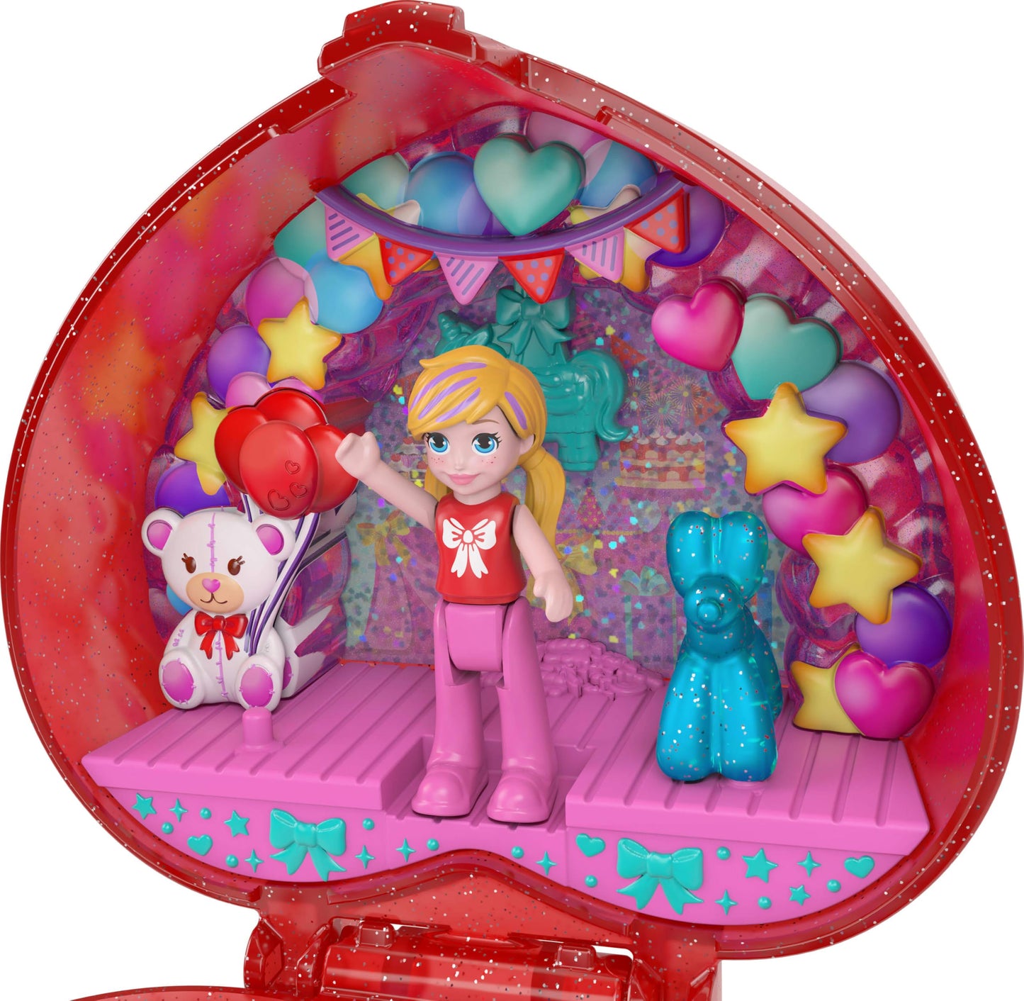 Polly Pocket Mattel 80th Anniversary Ring Box Compact Playset – Doll, Balloon Pet, and Cake Ring