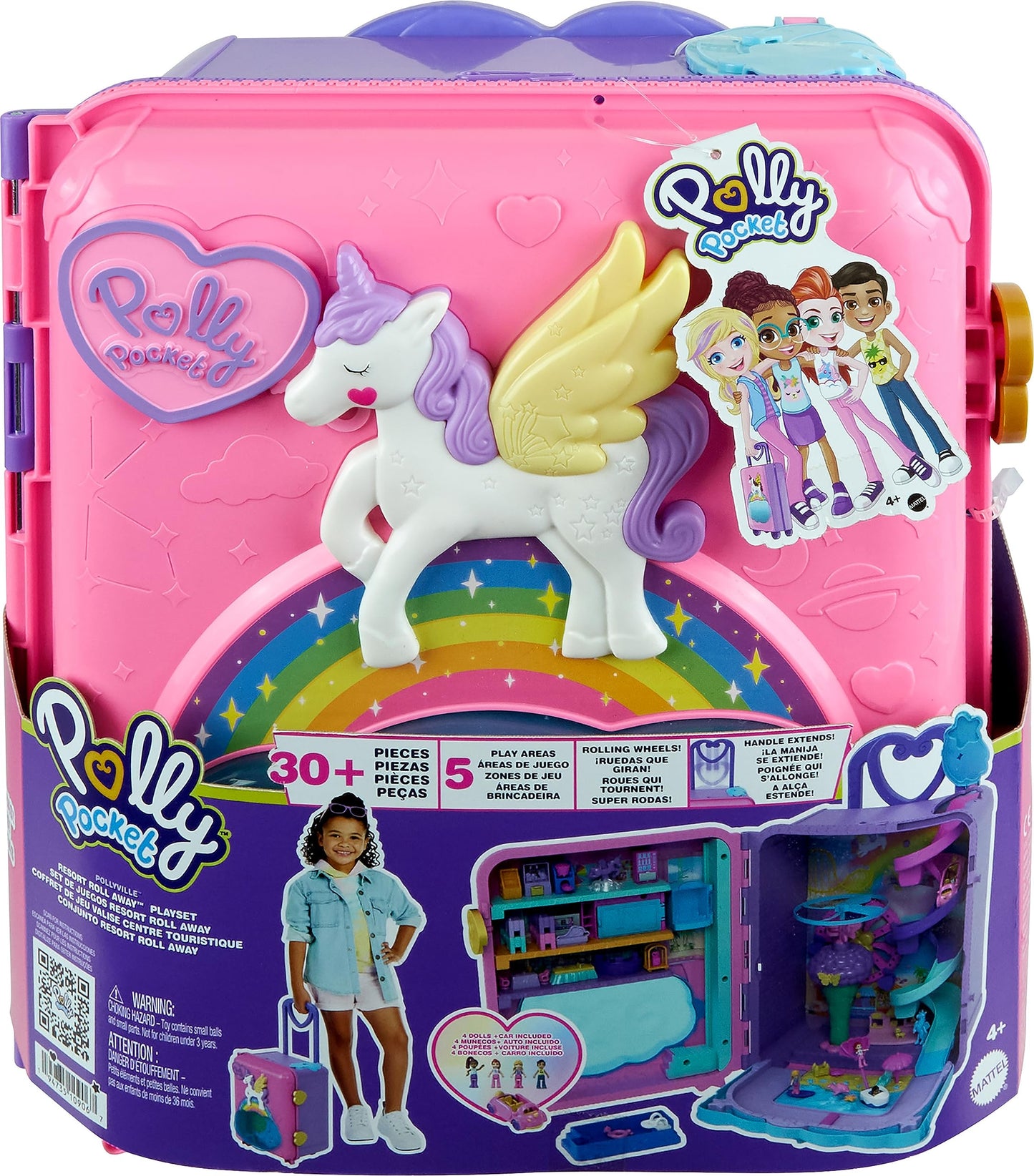 Polly Pocket Resort Roll Away Playset – 4 Dolls, 25+ Accessories, Portable Pollyville Fun