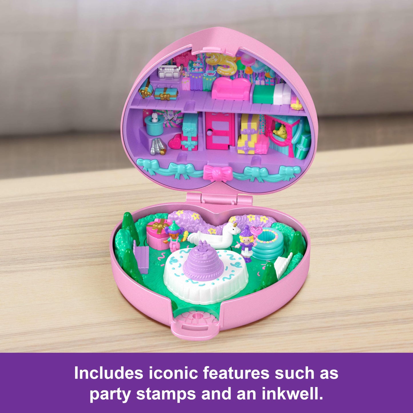 Polly Pocket Collector Heritage Compact – 35th Birthday Partytime Stamper with 2 Dolls, 3 Stamps & 12 Cards
