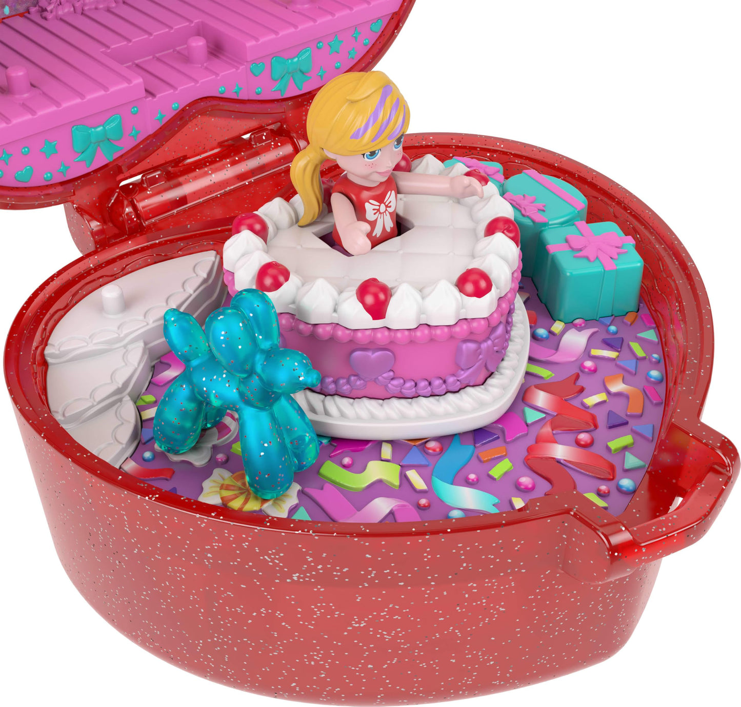 Polly Pocket Mattel 80th Anniversary Ring Box Compact Playset – Doll, Balloon Pet, and Cake Ring
