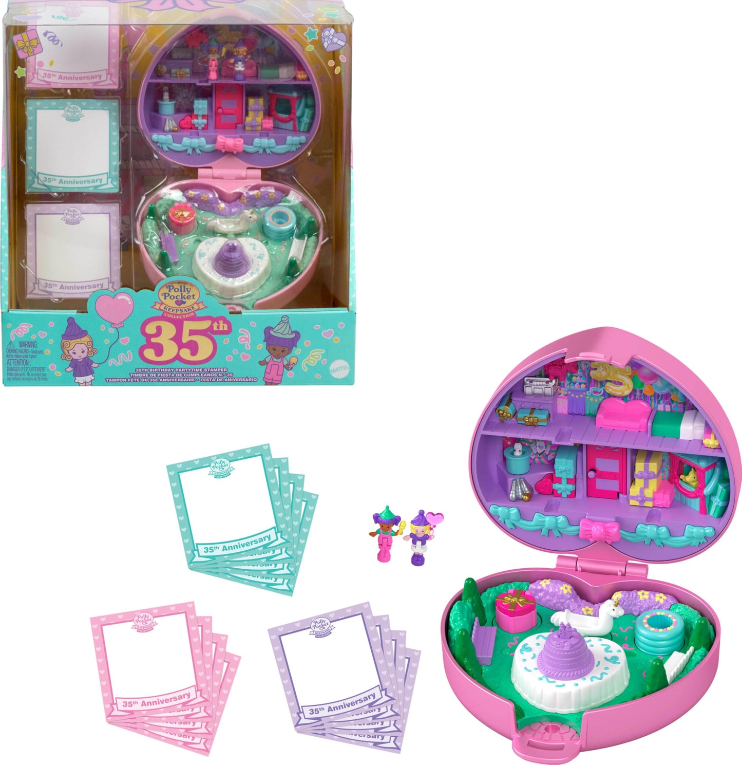 Polly Pocket Collector Heritage Compact – 35th Birthday Partytime Stamper with 2 Dolls, 3 Stamps & 12 Cards