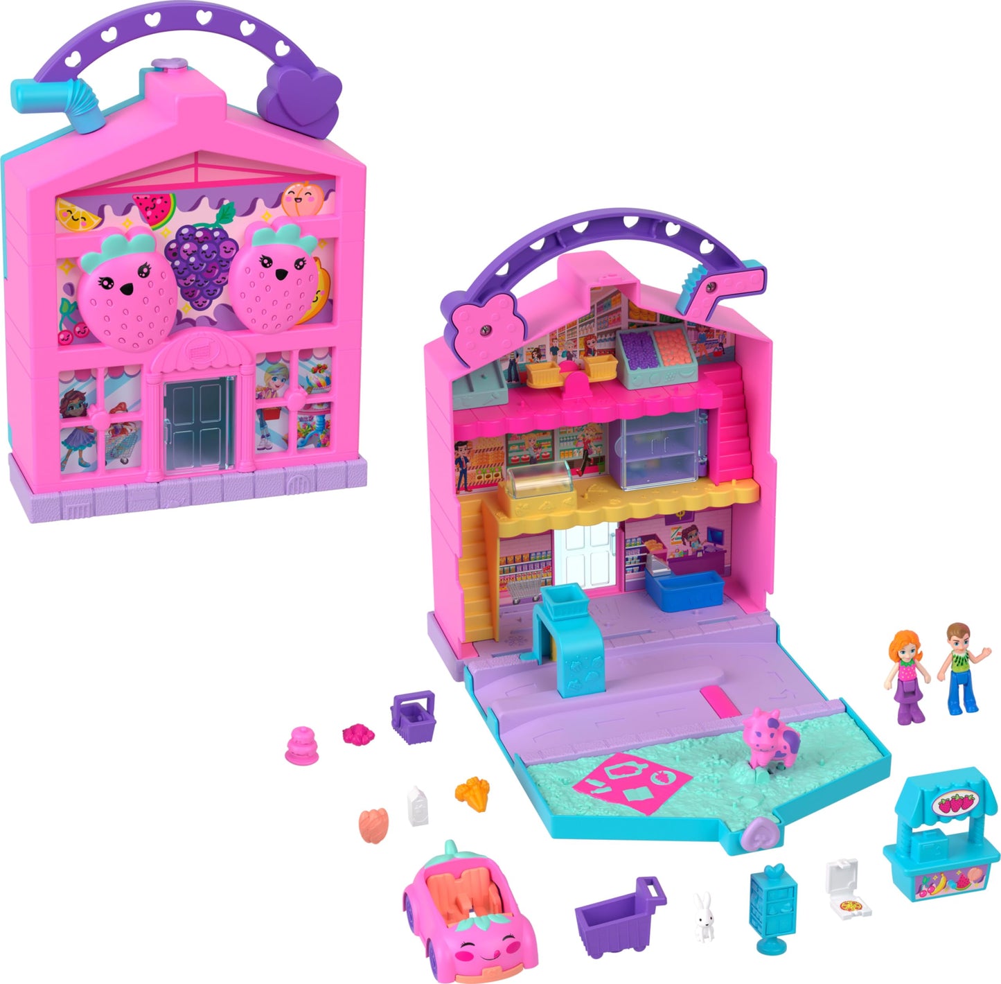 Polly Pocket Pollyville Fresh Market Dolls & Playset – 2 Micro Dolls, 12 Accessories
