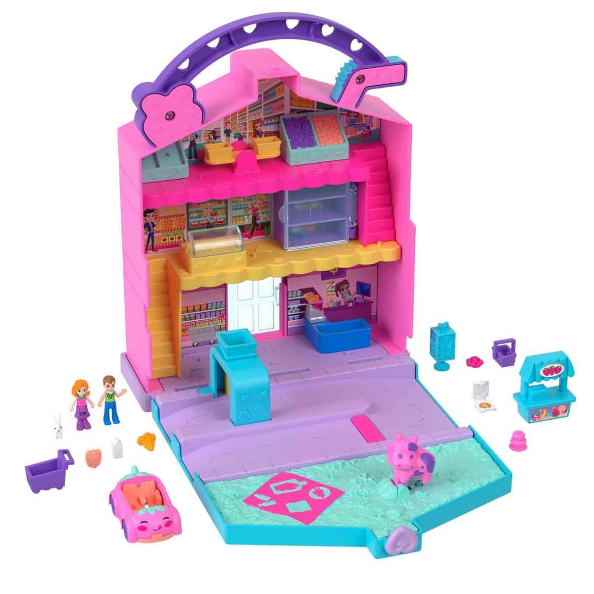 Polly Pocket Pollyville Fresh Market Dolls & Playset – 2 Micro Dolls, 12 Accessories