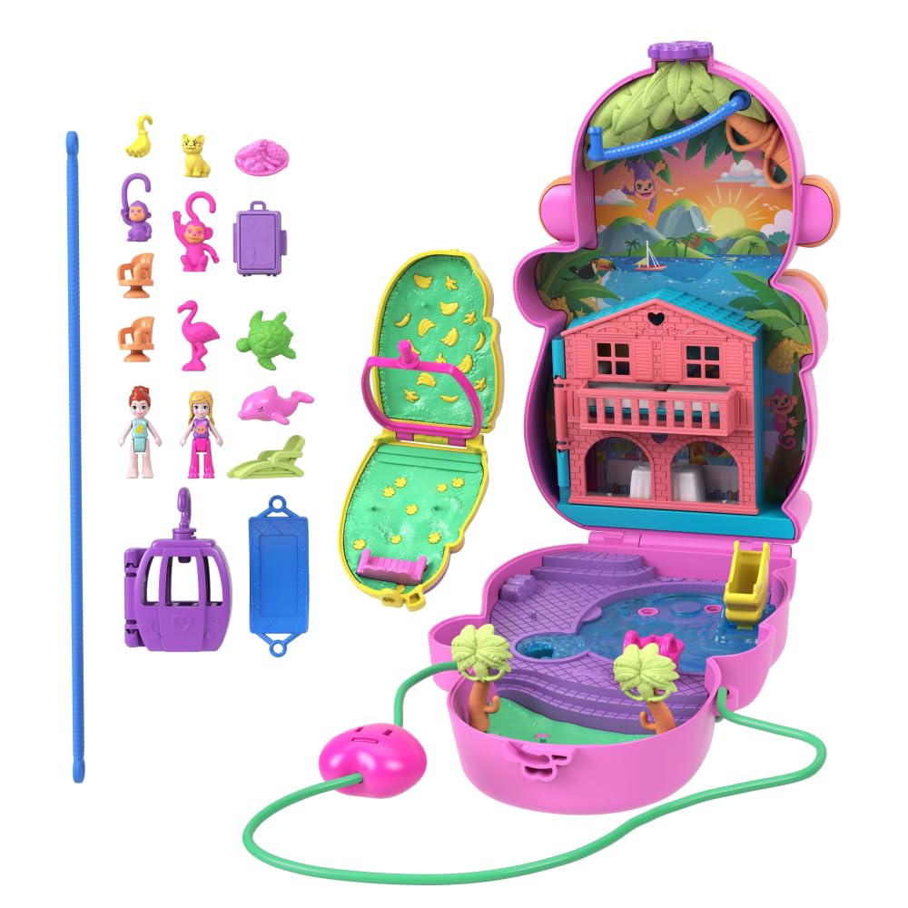 Polly Pocket Momma Monkey & Baby 2-in-1 Purse Playset | Jungle Adventure with 12 Accessories