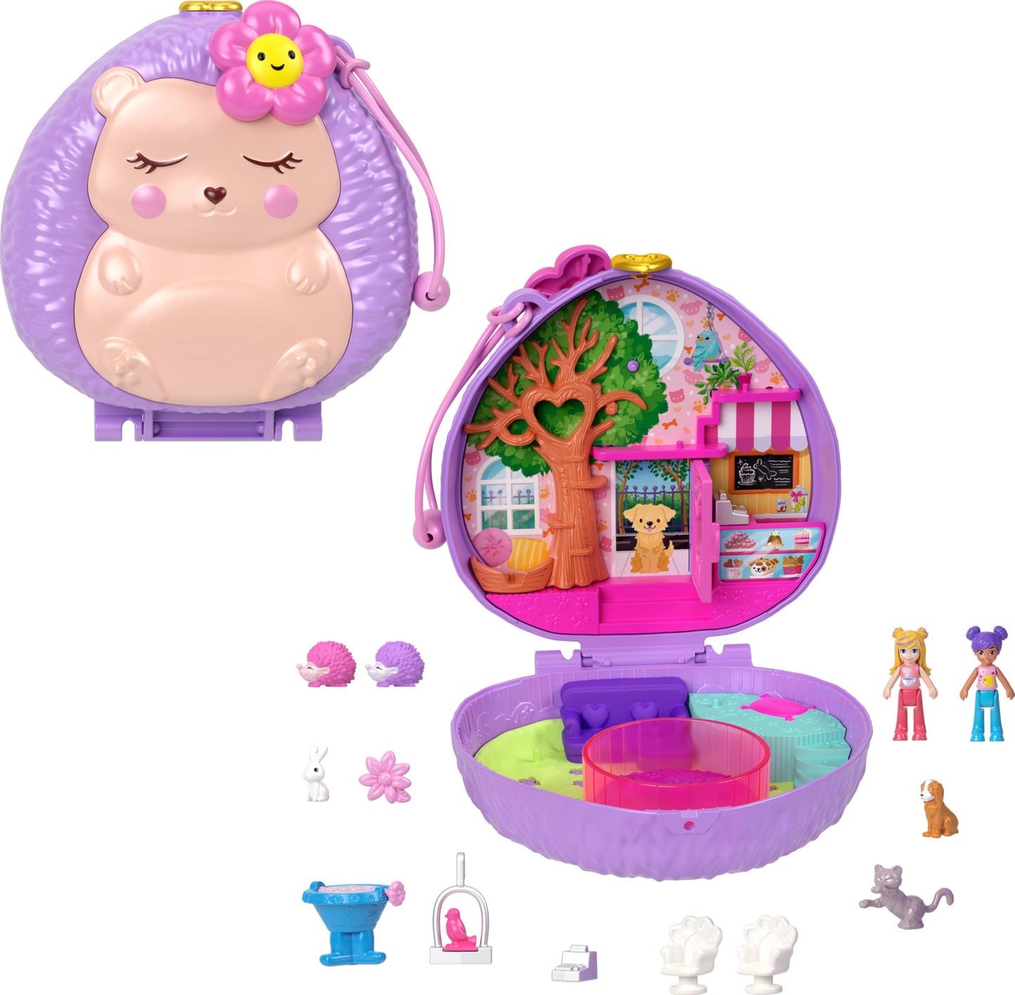 Polly Pocket Hedgehog Coffee Shop Compact — 2 Micro Dolls & 12 Accessories