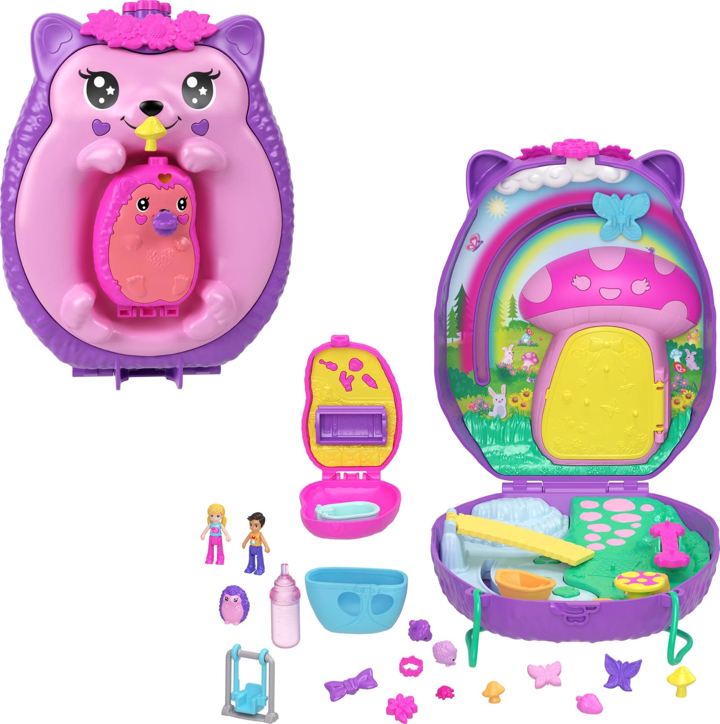 Polly Pocket Hedgehog Purse Playset – 2-in-1 Travel Toy with 2 Micro Dolls & 16 Accessories