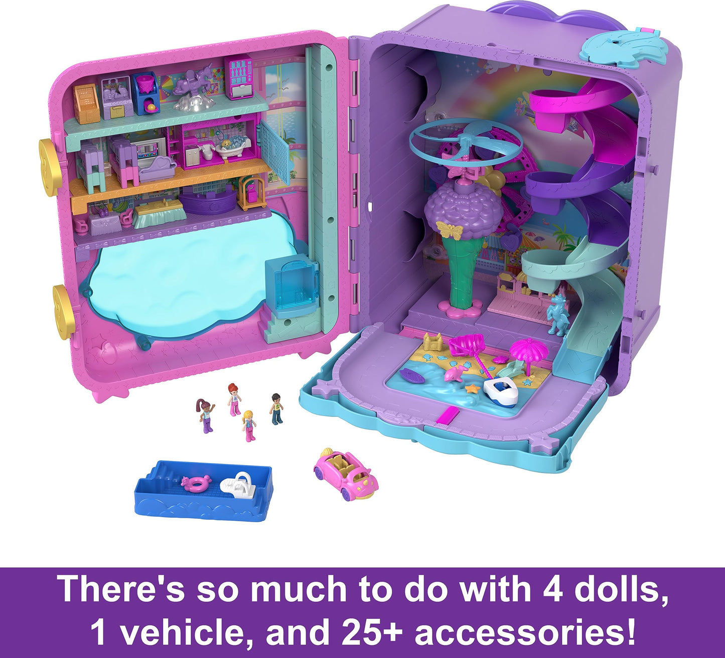 Polly Pocket Resort Roll Away Playset – 4 Dolls, 25+ Accessories, Portable Pollyville Fun
