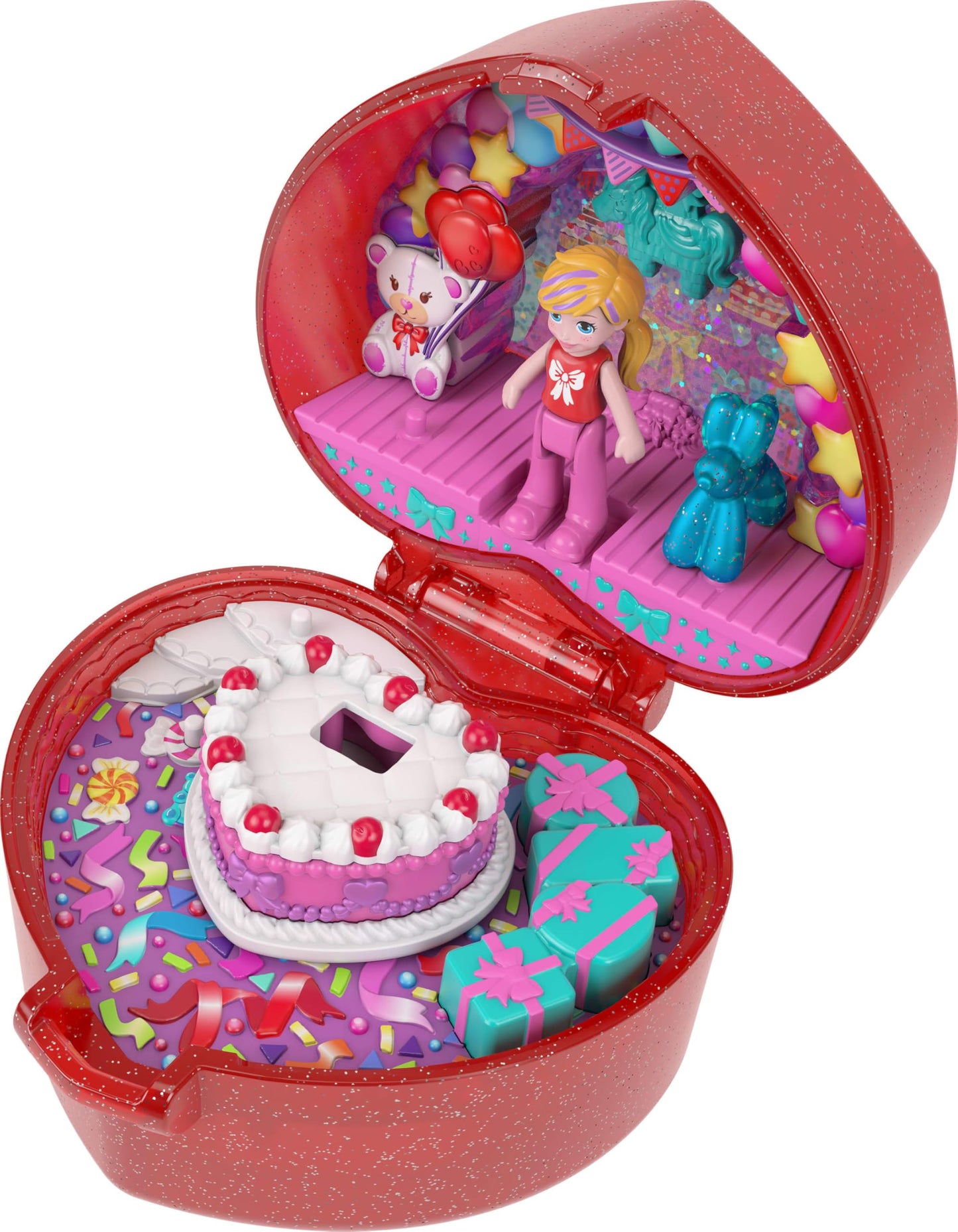 Polly Pocket Mattel 80th Anniversary Ring Box Compact Playset – Doll, Balloon Pet, and Cake Ring