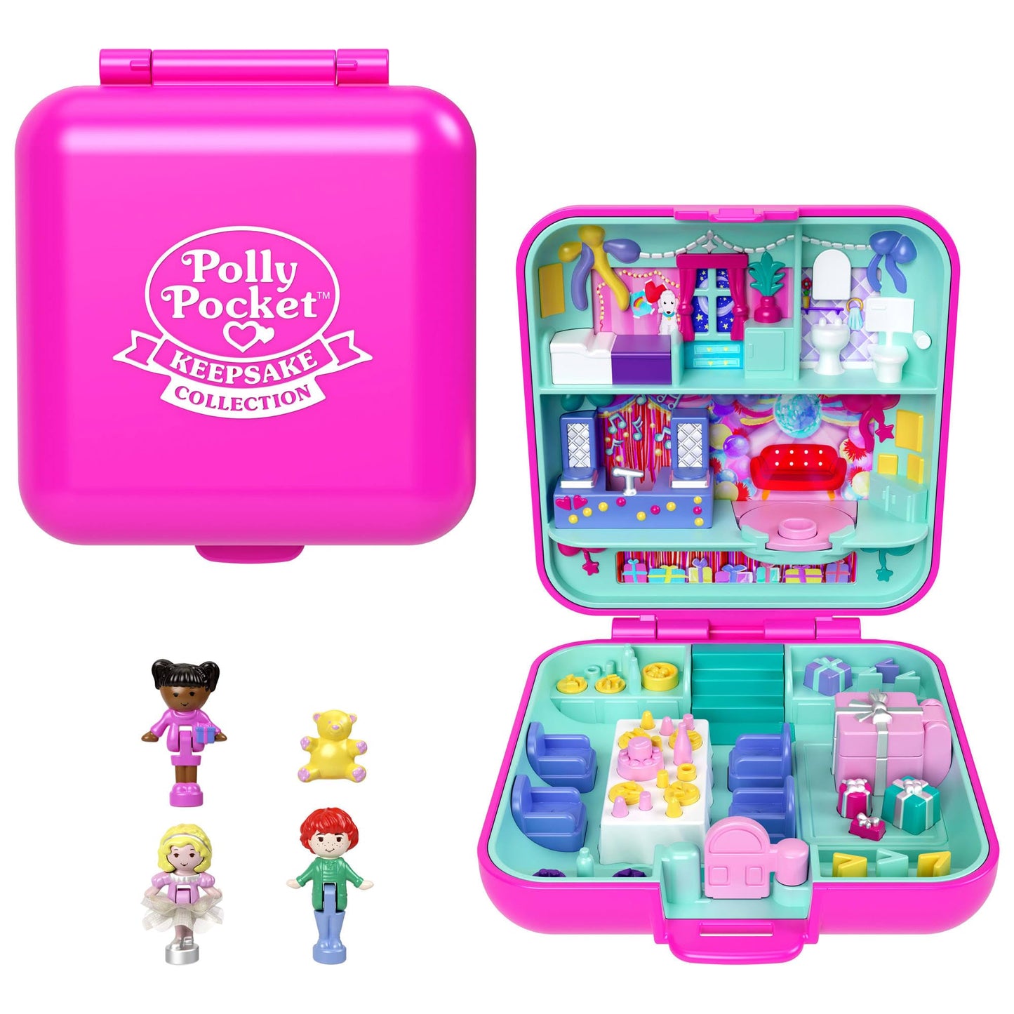Polly Pocket Mattel 80th Anniversary Tribute Pencil Case Set | 3 Dolls, Pet & Celebration Furniture