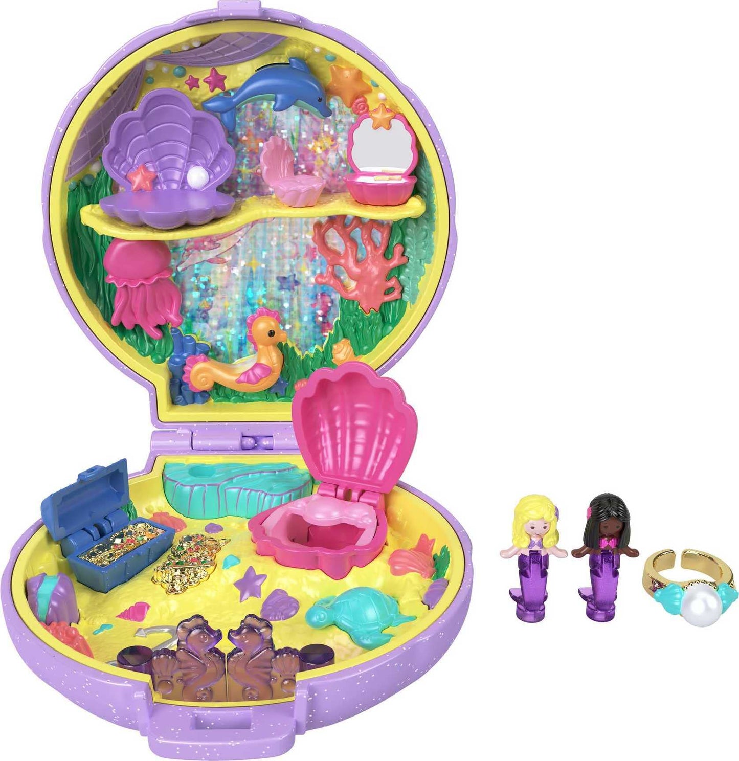 Polly Pocket Mermaid Dreams Keepsake Compact – 2 Mermaids, Pearl Ring, Undersea World