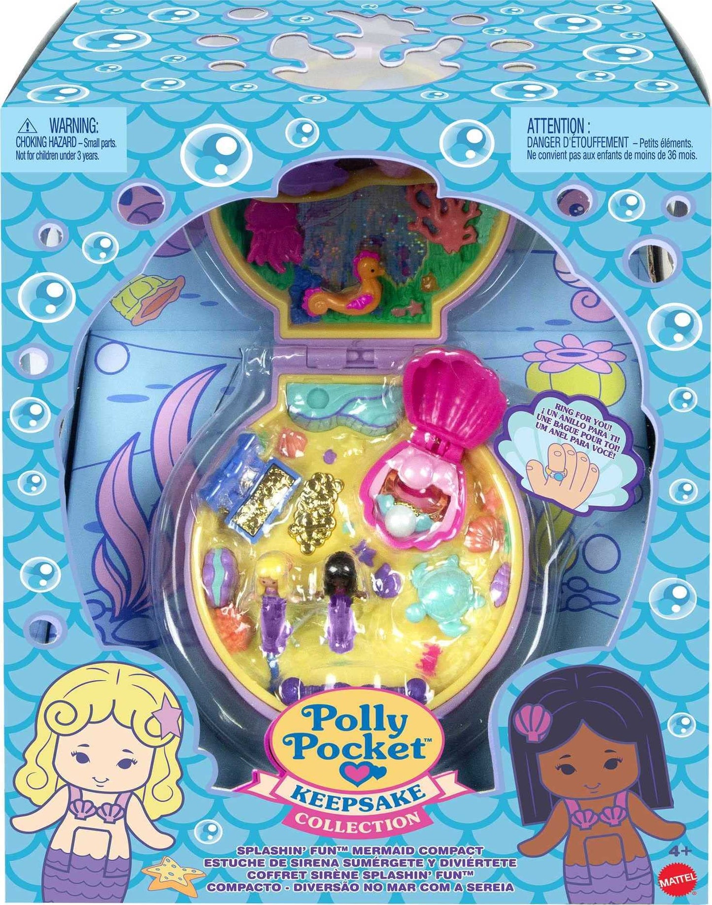 Polly Pocket Mermaid Dreams Keepsake Compact – 2 Mermaids, Pearl Ring, Undersea World