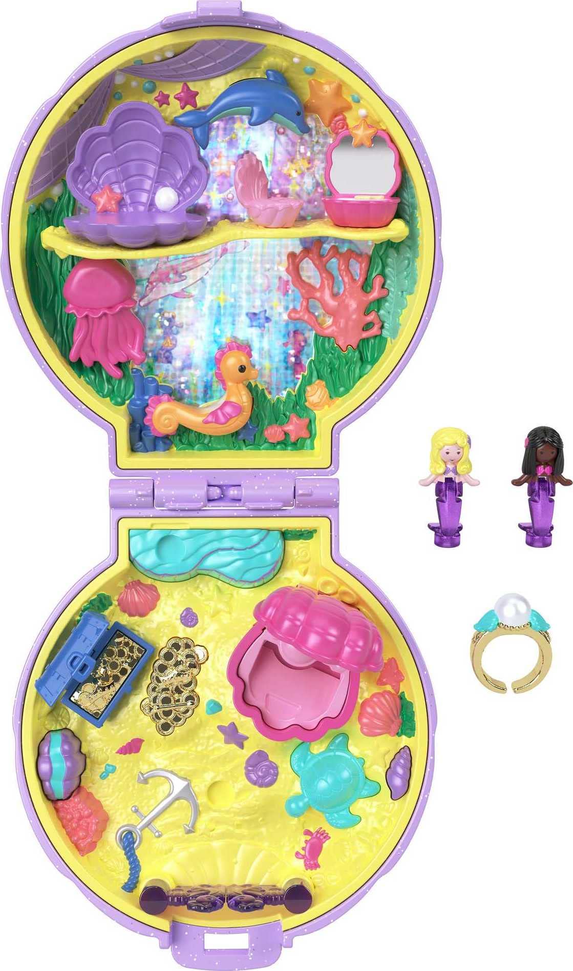 Polly Pocket Mermaid Dreams Keepsake Compact – 2 Mermaids, Pearl Ring, Undersea World