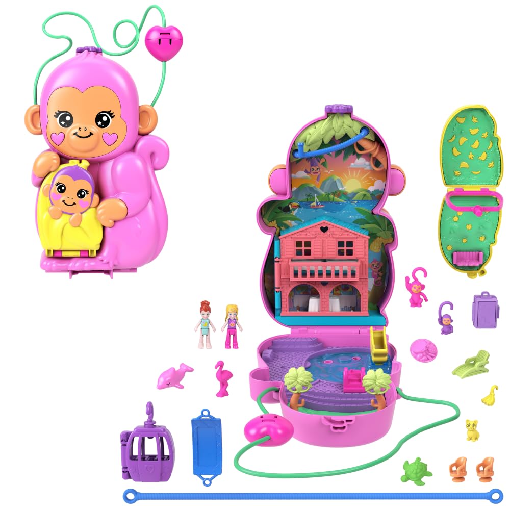 Polly Pocket Momma Monkey & Baby 2-in-1 Purse Playset | Jungle Adventure with 12 Accessories