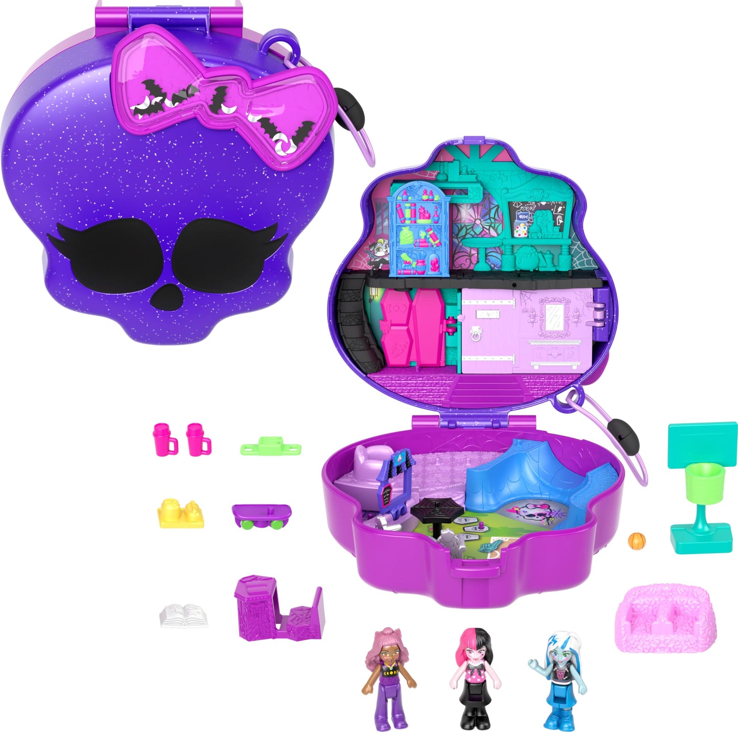 Polly Pocket Monster High Playset – 3 Micro Dolls & 10 Accessories