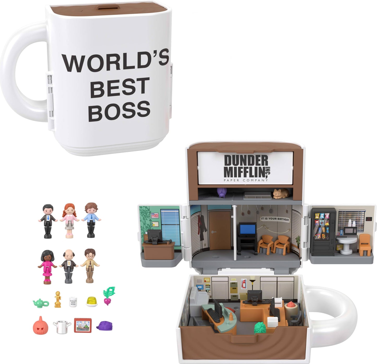 Polly Pocket x The Office Compact Playset: 6 Dolls & 9 Accessories, Coffee Mug Exterior