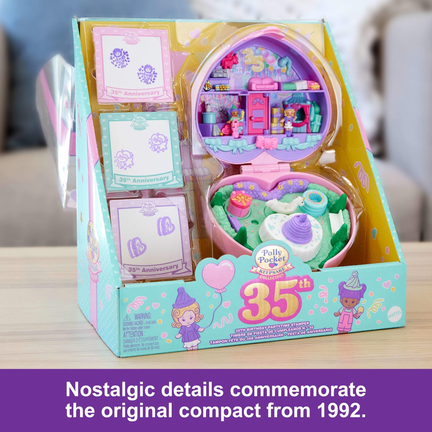 Polly Pocket Collector Heritage Compact – 35th Birthday Partytime Stamper with 2 Dolls, 3 Stamps & 12 Cards