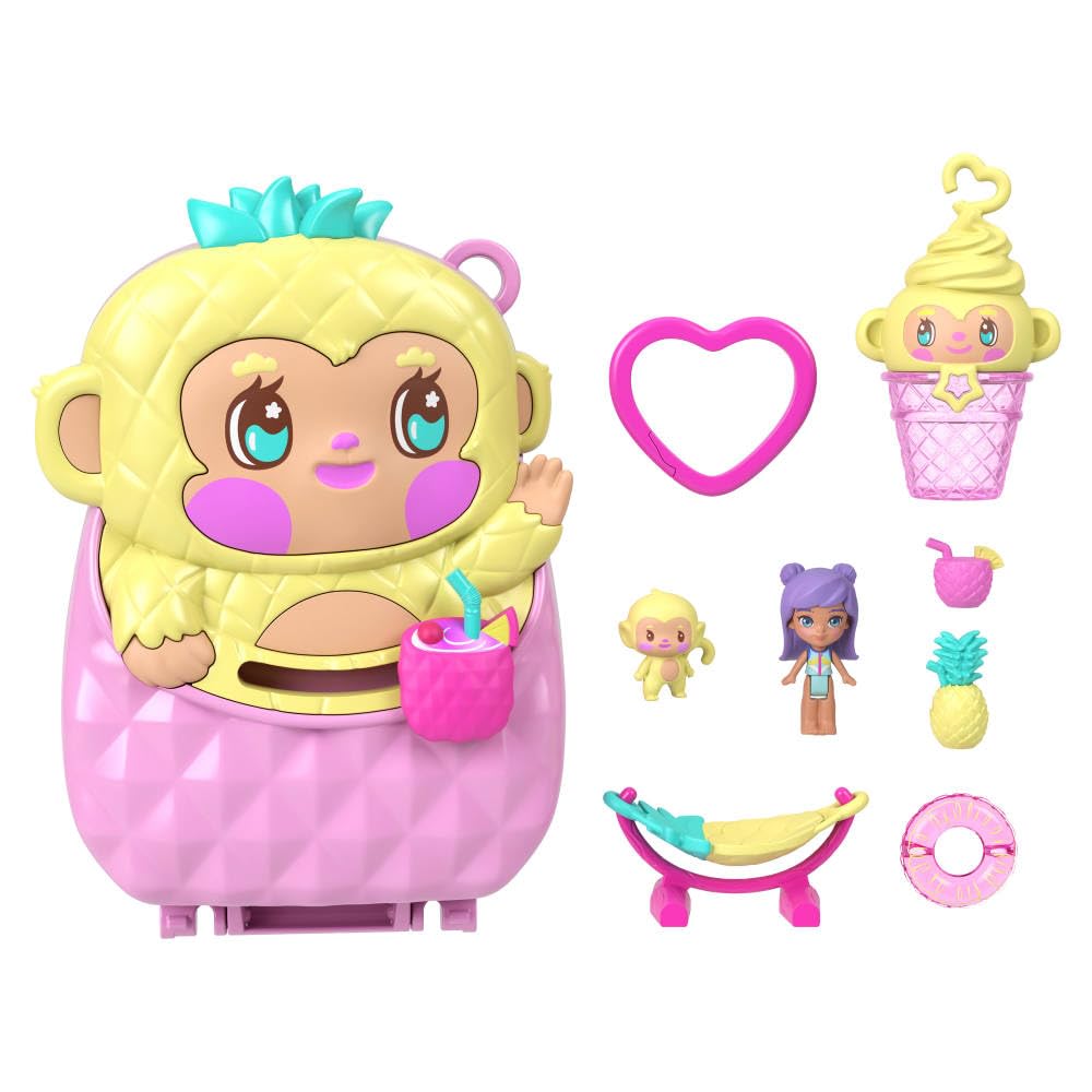 Polly Pocket Pineapple Monkey Compact – Travel Toy with Micro Doll & 7 Accessories