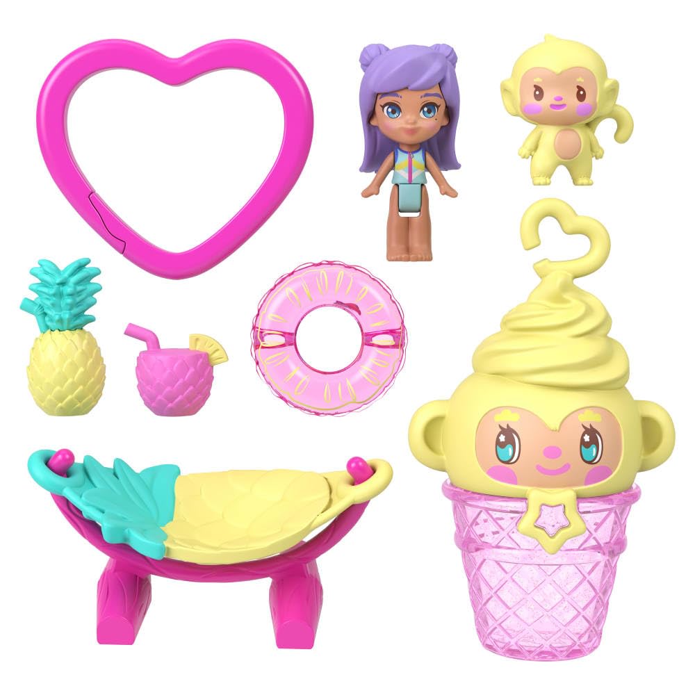 Polly Pocket Pineapple Monkey Compact – Travel Toy with Micro Doll & 7 Accessories