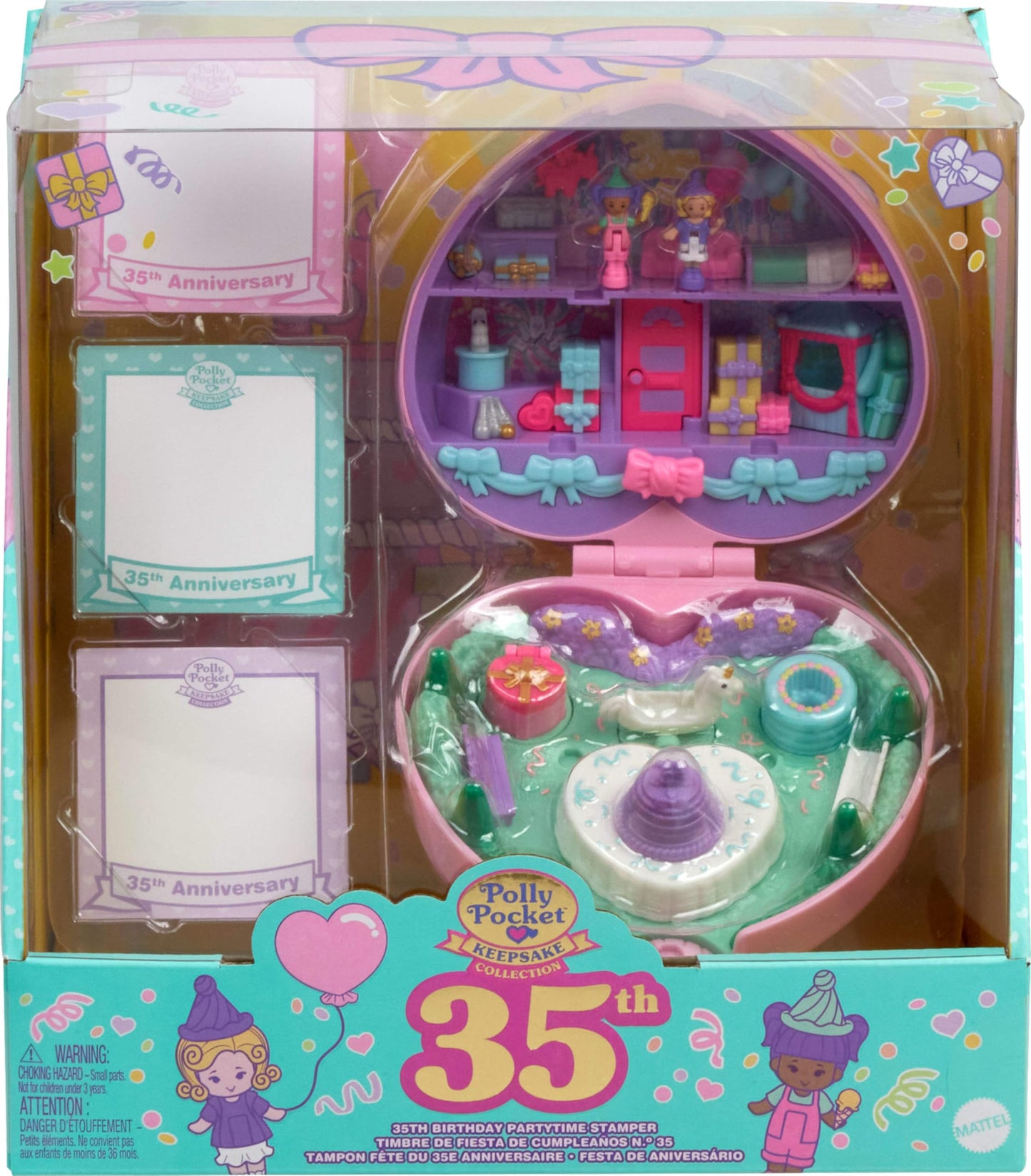 Polly Pocket Collector Heritage Compact – 35th Birthday Partytime Stamper with 2 Dolls, 3 Stamps & 12 Cards
