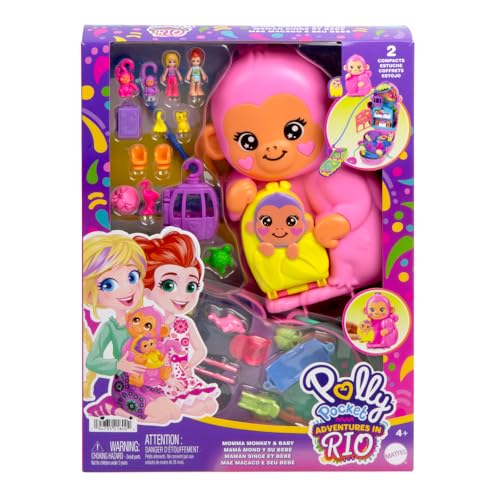 Polly Pocket Momma Monkey & Baby 2-in-1 Purse Playset | Jungle Adventure with 12 Accessories
