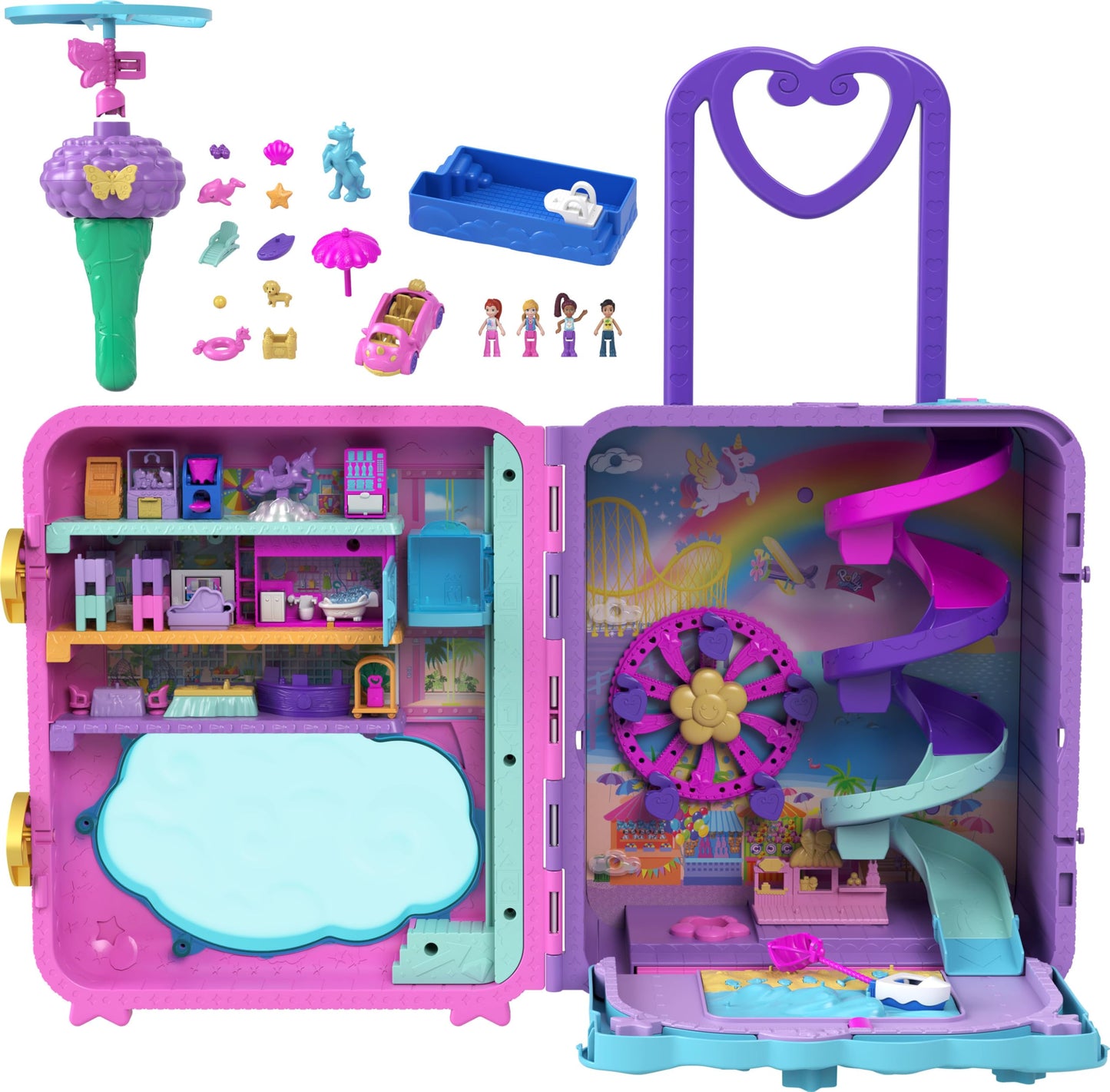 Polly Pocket Resort Roll Away Playset – 4 Dolls, 25+ Accessories, Portable Pollyville Fun