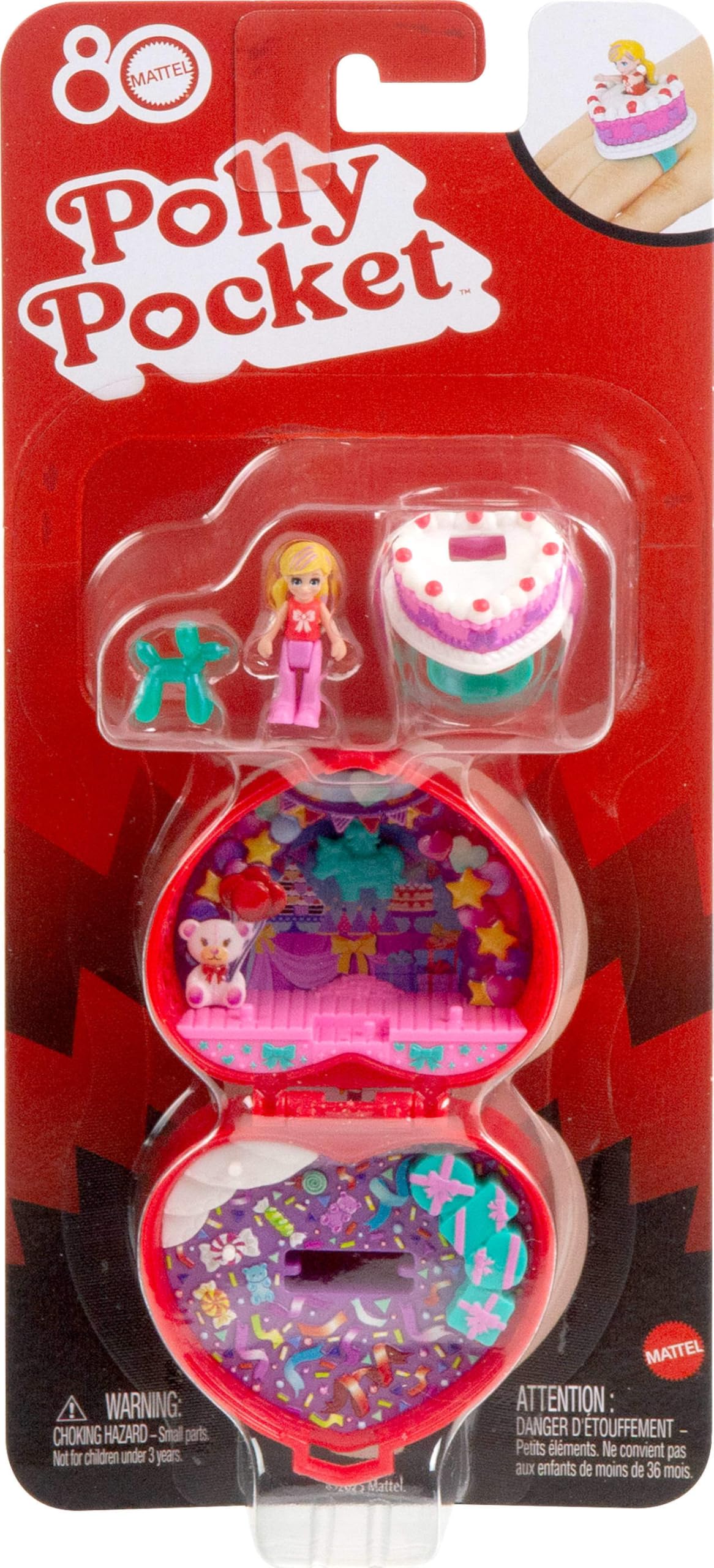 Polly Pocket Mattel 80th Anniversary Ring Box Compact Playset – Doll, Balloon Pet, and Cake Ring