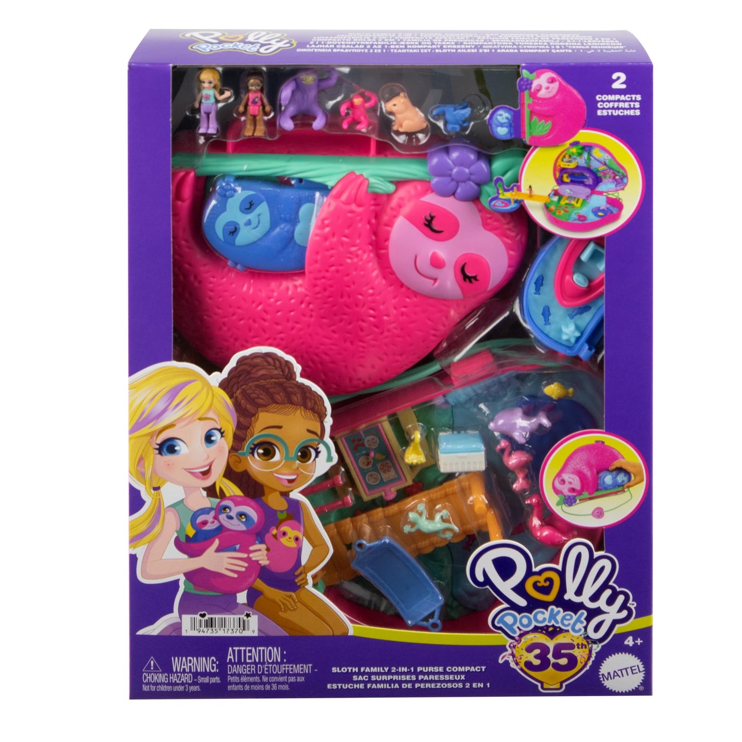 Polly Pocket Sloth Family 2-in-1 Purse Compact – Playset with 2 Micro Dolls & 12 Accessories