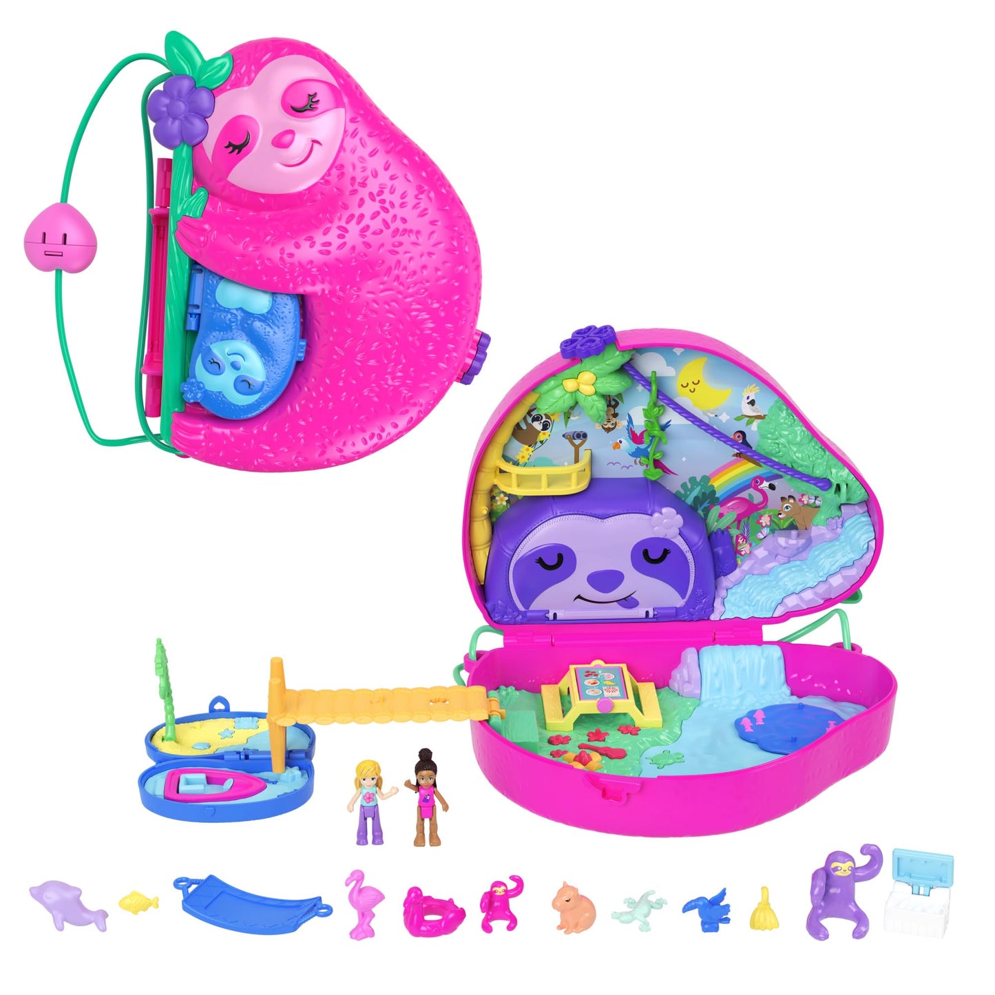 Polly Pocket Sloth Family 2-in-1 Purse Compact – Playset with 2 Micro Dolls & 12 Accessories