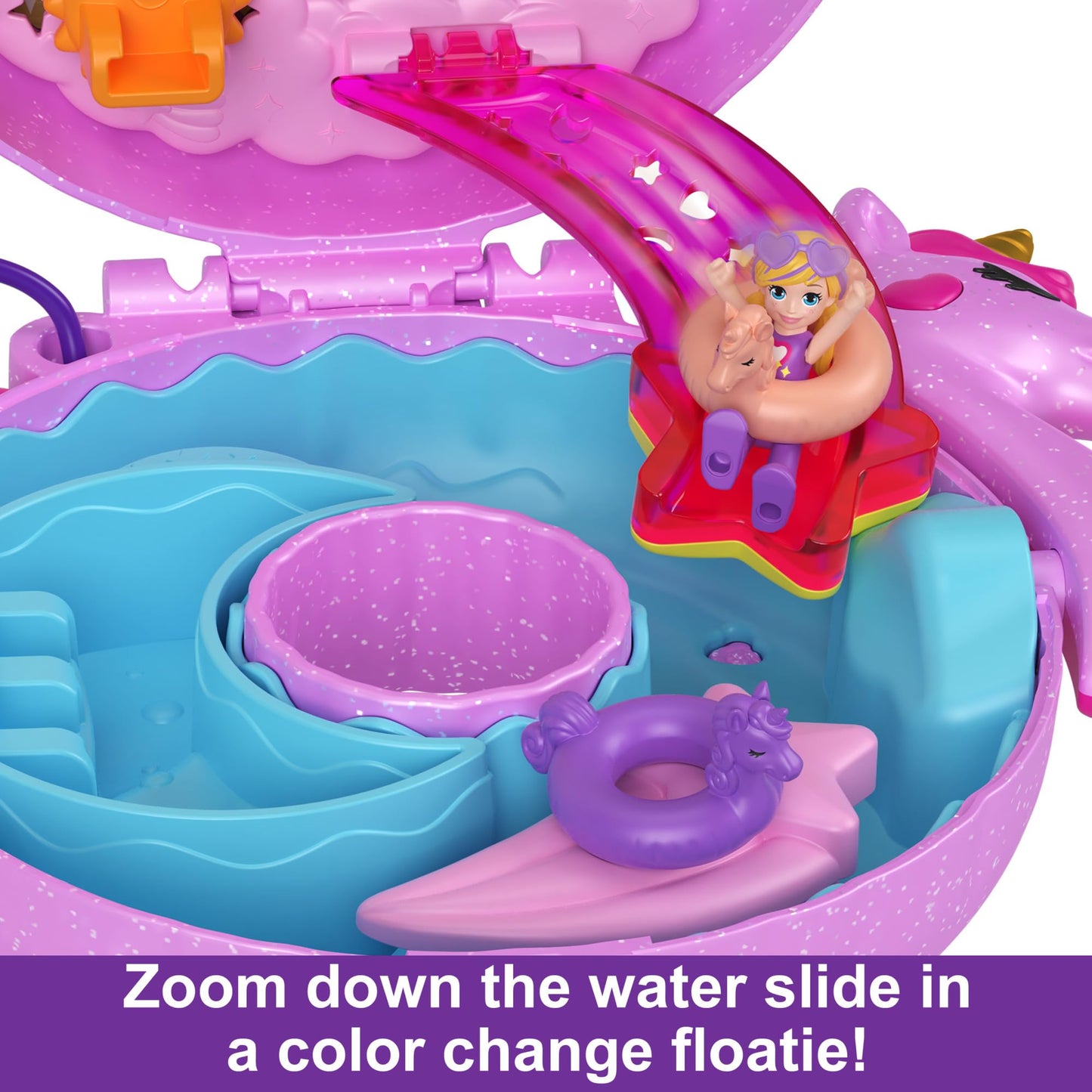 Polly Pocket Sparkle Cove Adventure Unicorn Floatie Compact Playset | 2 Micro Dolls & 12 Accessories