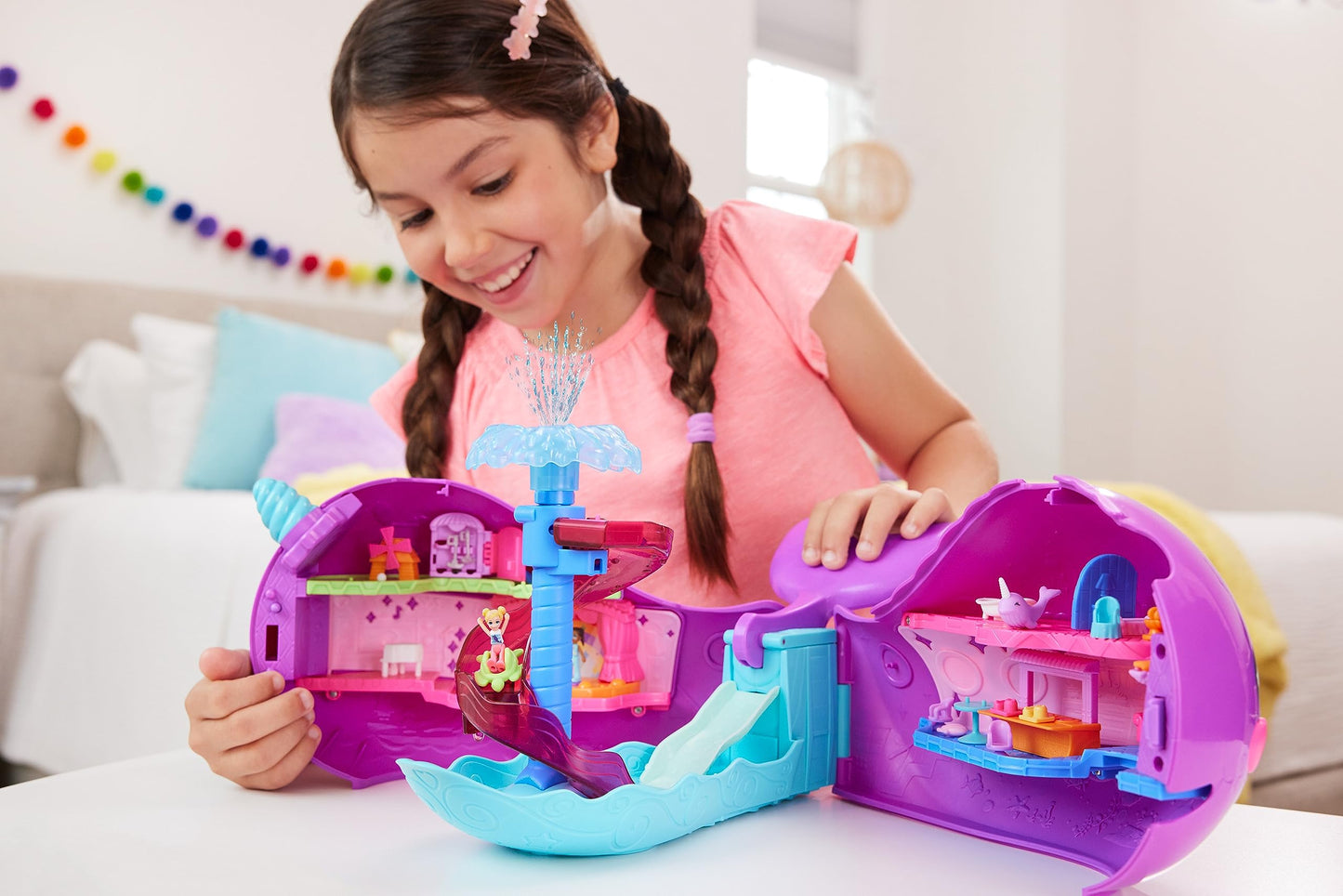 Polly Pocket Sparkle Cove Narwhal Boat Playset — 2 Dolls, Water Play, 6 Play Areas