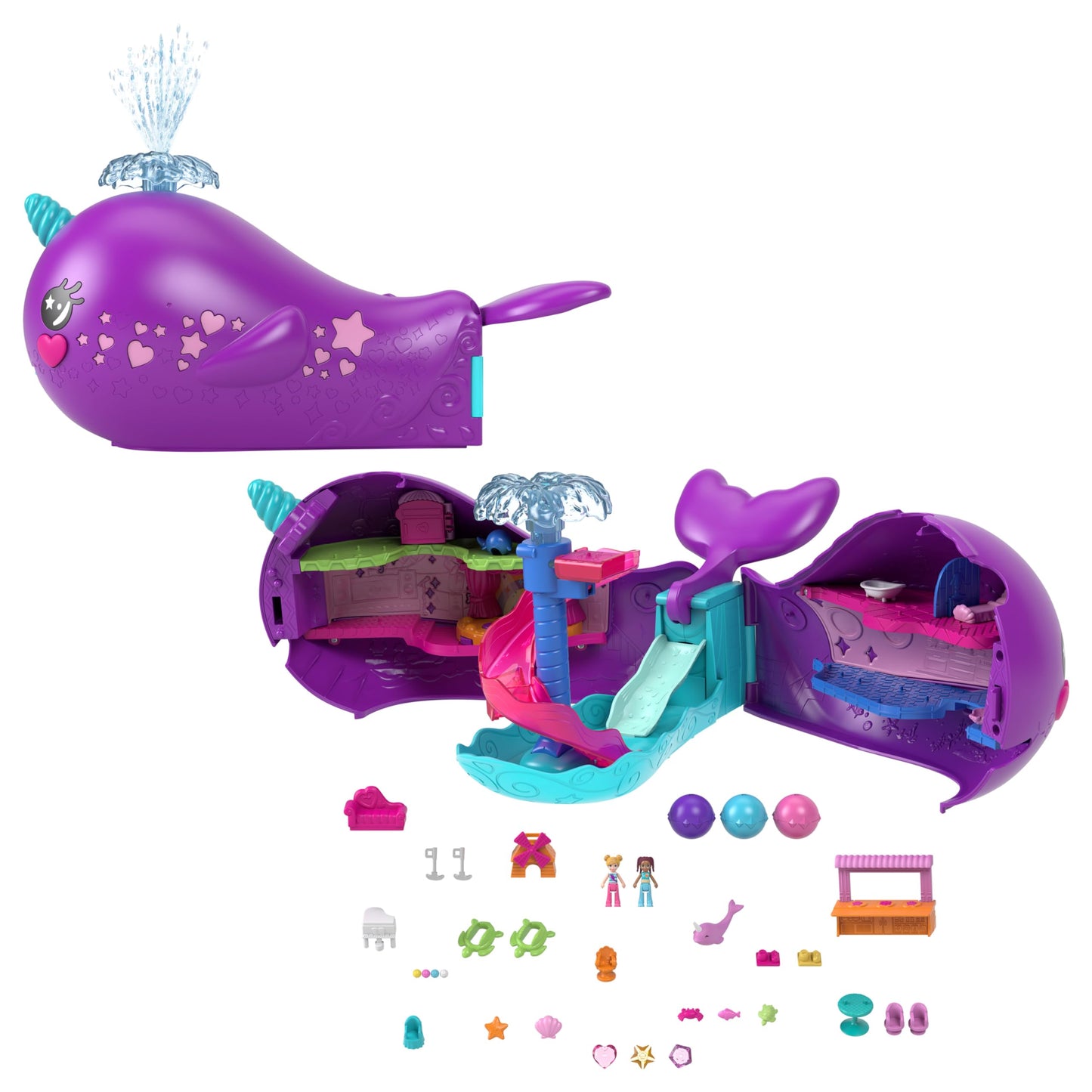 Polly Pocket Sparkle Cove Narwhal Boat Playset — 2 Dolls, Water Play, 6 Play Areas