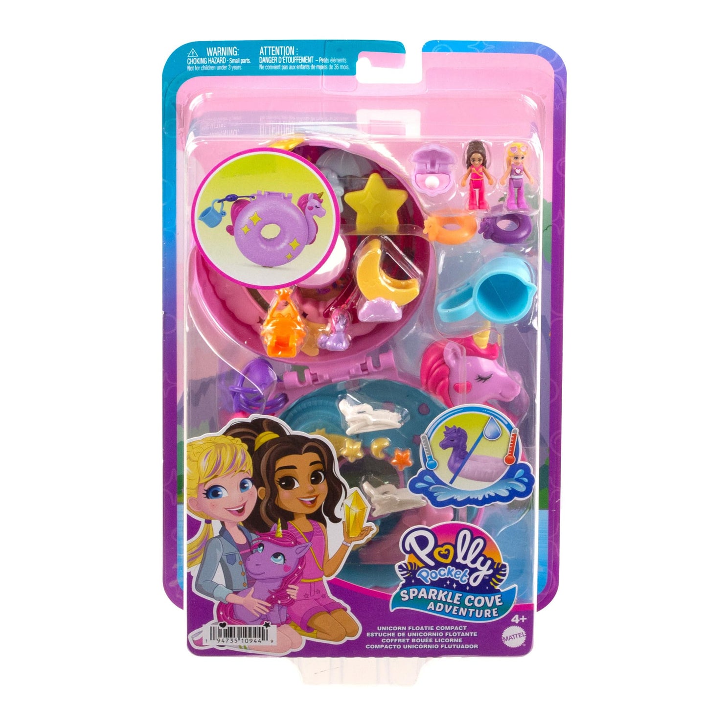 Polly Pocket Sparkle Cove Adventure Unicorn Floatie Compact Playset | 2 Micro Dolls & 12 Accessories