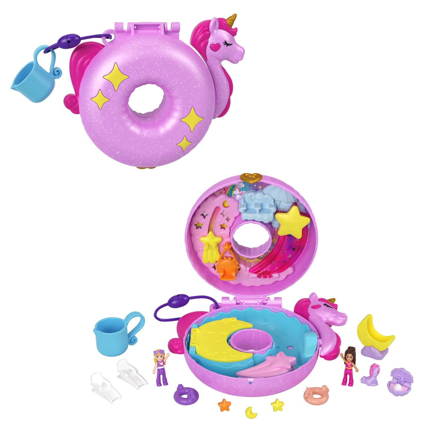 Polly Pocket Sparkle Cove Adventure Unicorn Floatie Compact Playset | 2 Micro Dolls & 12 Accessories