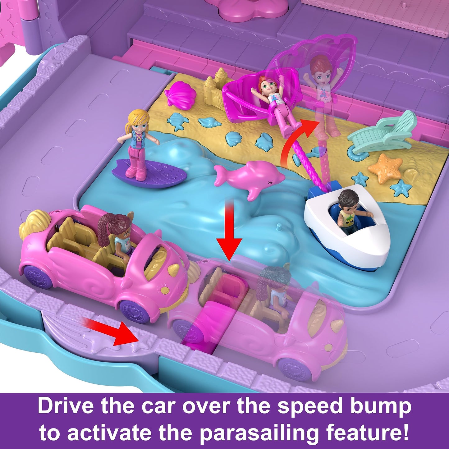 Polly Pocket Resort Roll Away Playset – 4 Dolls, 25+ Accessories, Portable Pollyville Fun