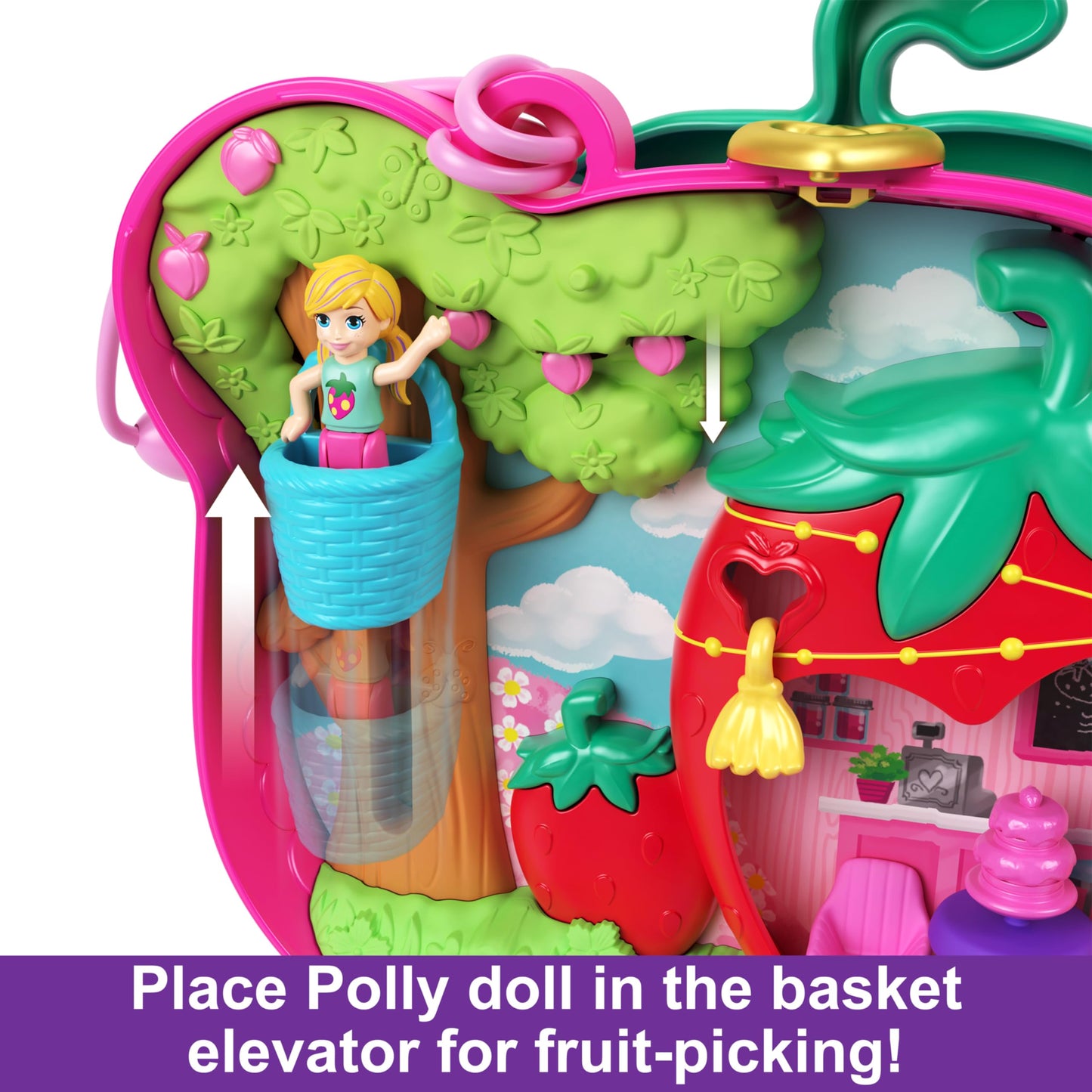 Polly Pocket Straw-Beary Patch Compact | 2 Micro Dolls & 12 Accessories | Travel Toy