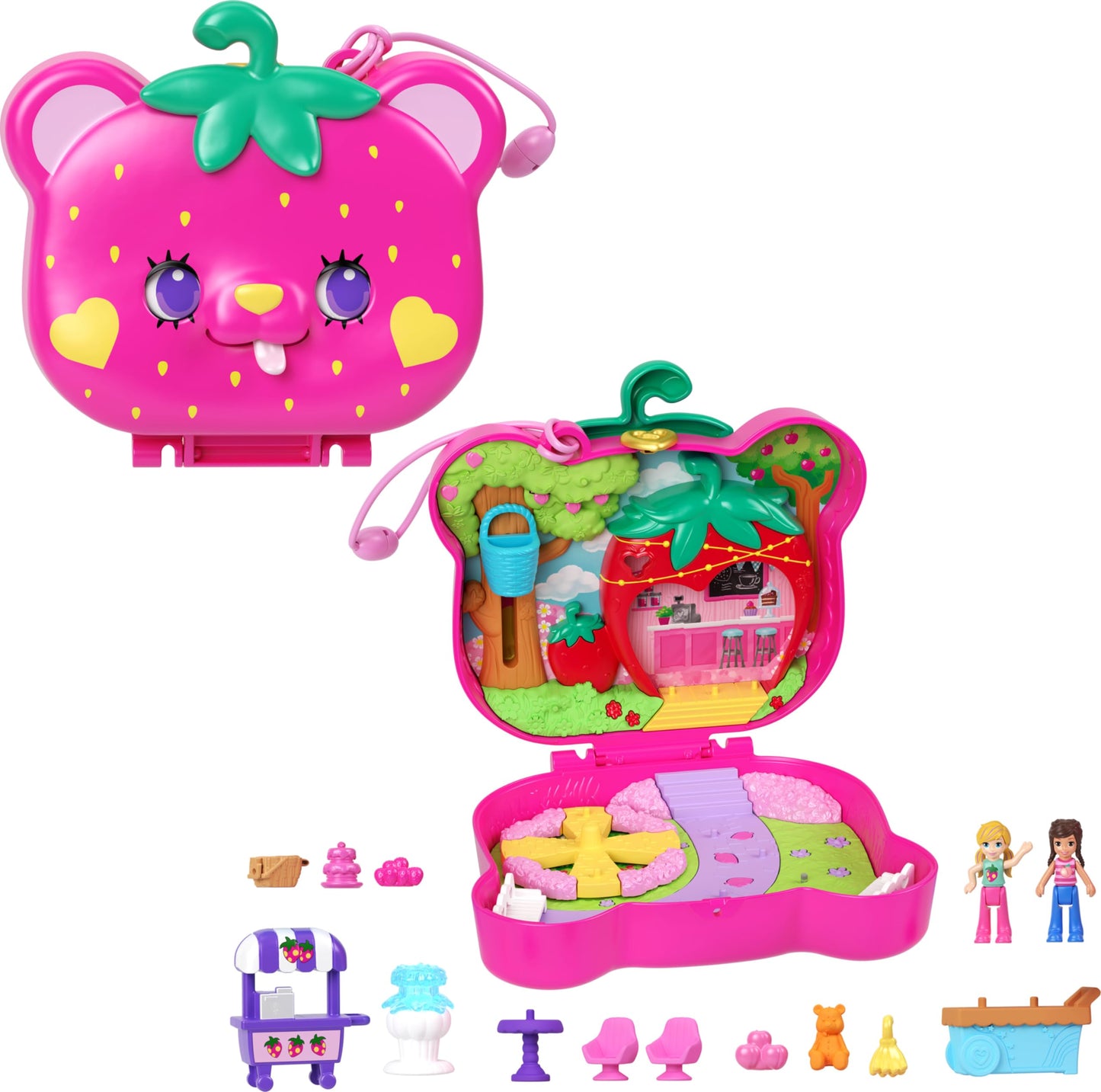 Polly Pocket Straw-Beary Patch Compact | 2 Micro Dolls & 12 Accessories | Travel Toy