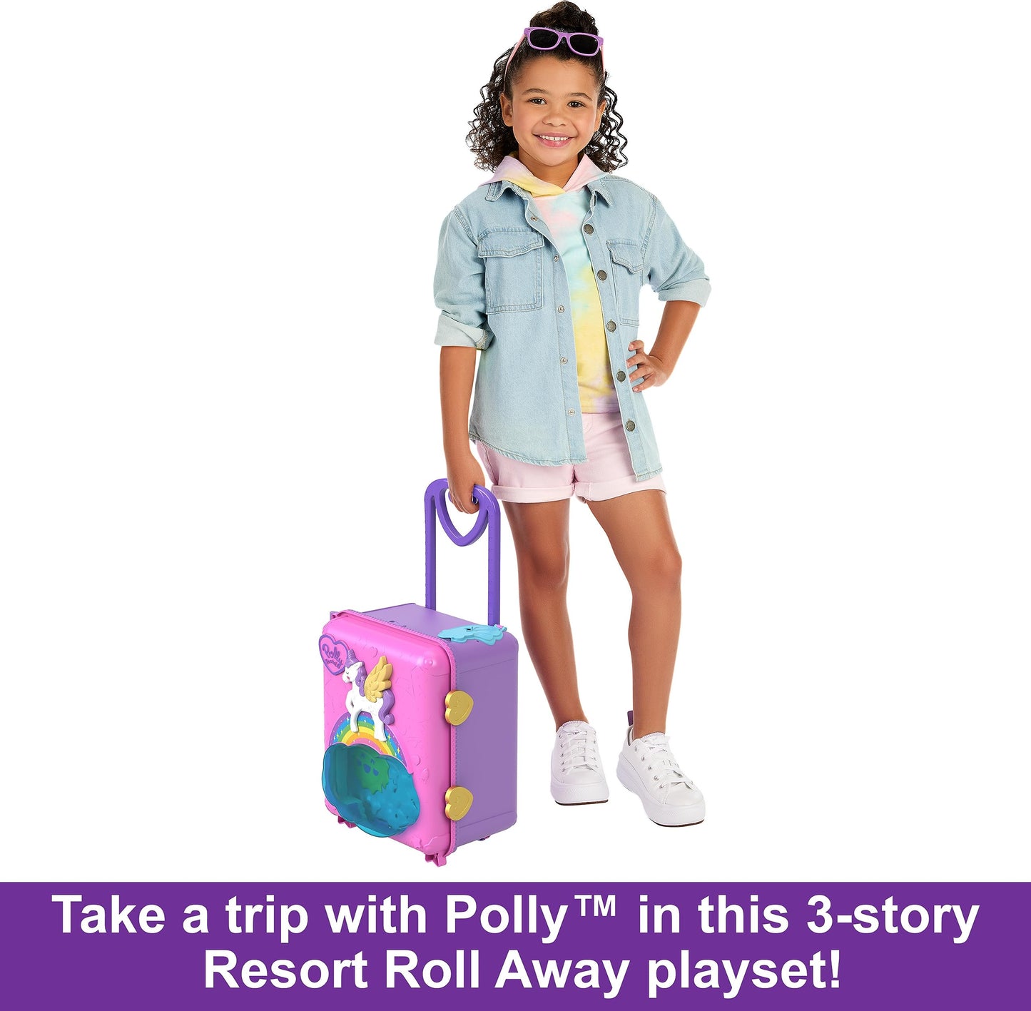 Polly Pocket Resort Roll Away Playset – 4 Dolls, 25+ Accessories, Portable Pollyville Fun