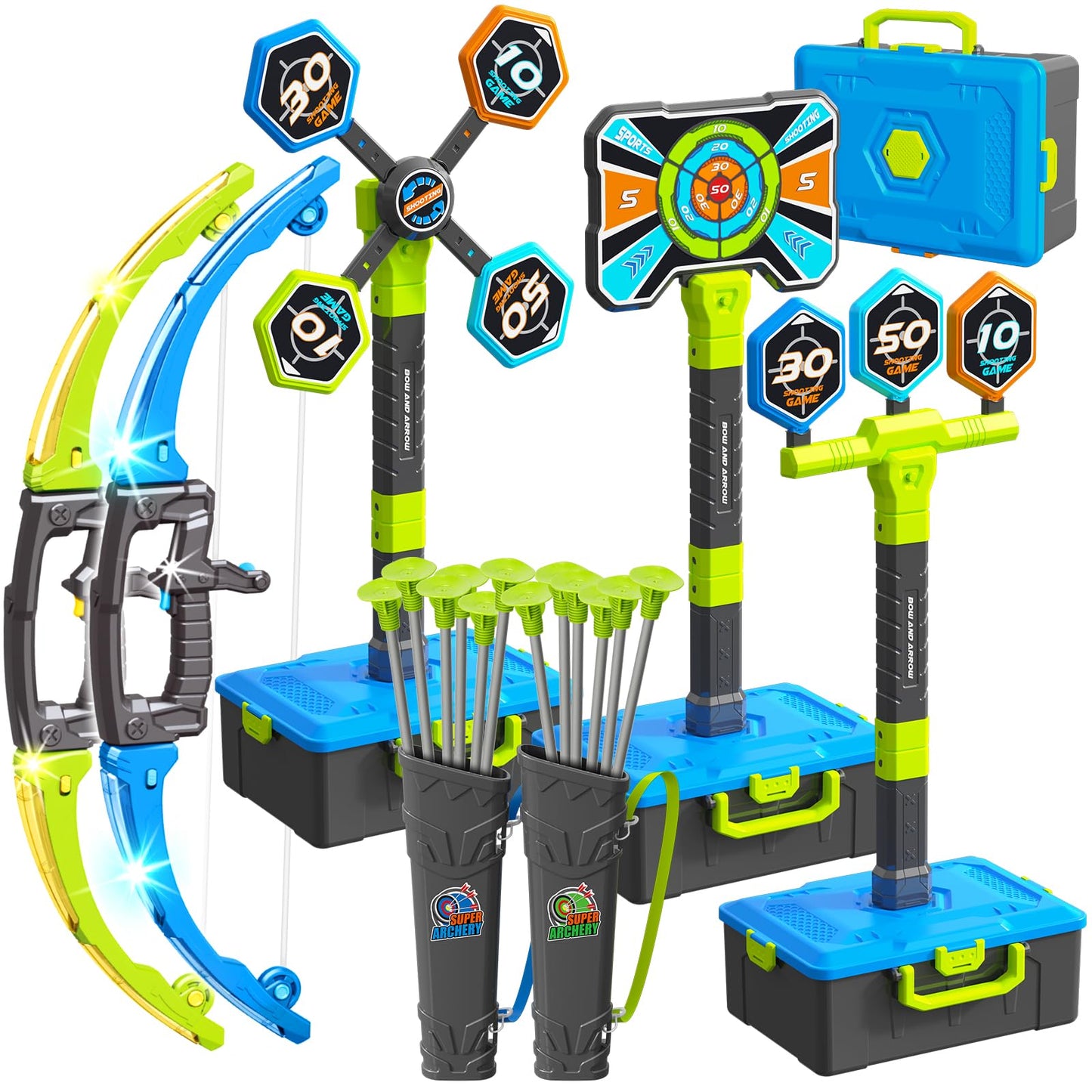 Polokping 2-Pack LED Bow & Arrow Toy Set — 12 Arrows, 4 Targets, Quivers & Storage