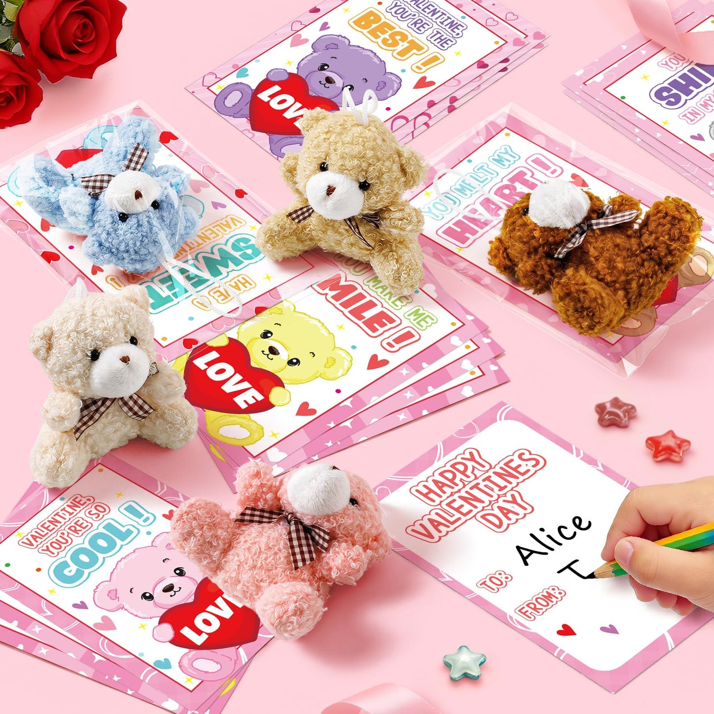 Polokping Valentines Day Cards for Kids – 24-Pack Plush Bear Keychains & Card Set