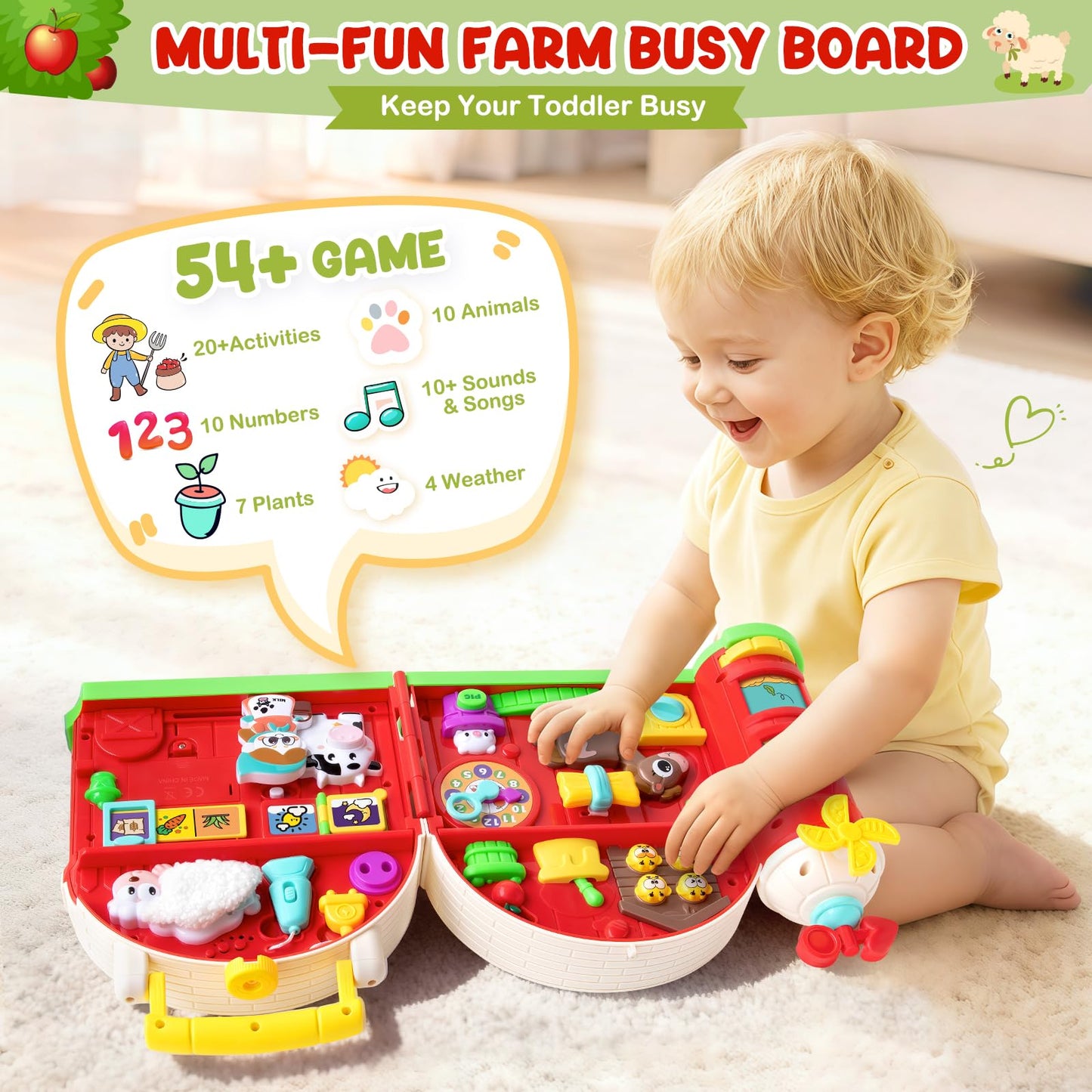 Polokping Montessori Farm Busy Board – 54+ Activities for Toddlers 1-3