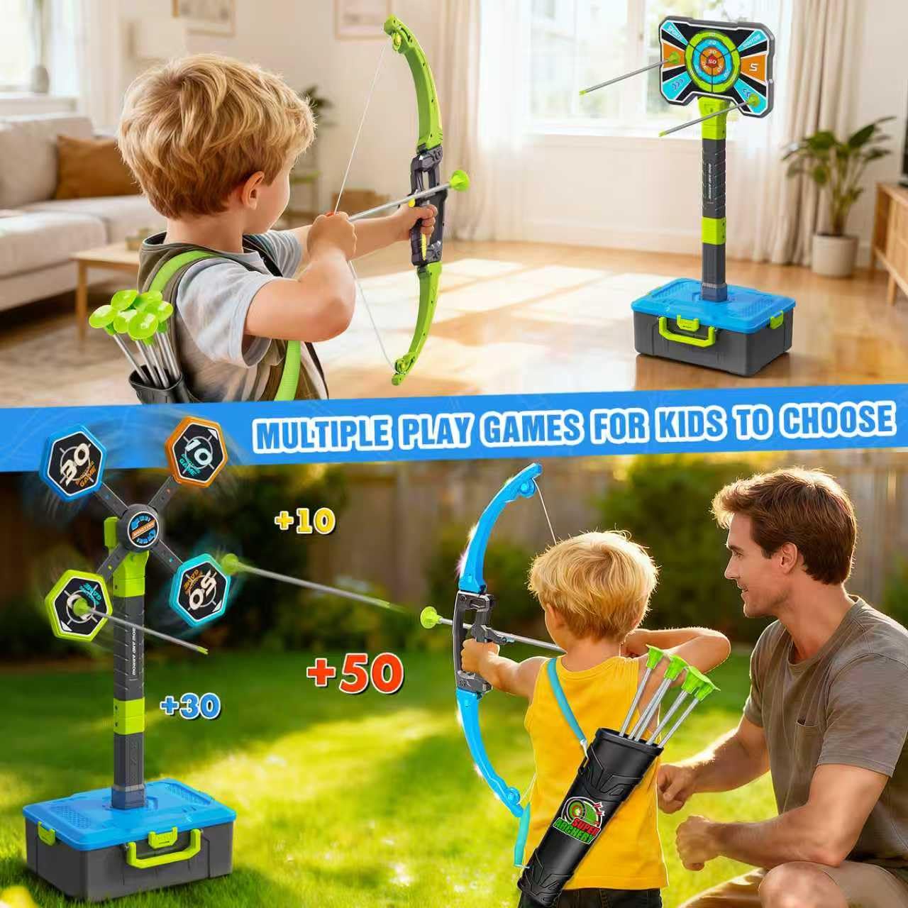 Polokping 2-Pack LED Bow & Arrow Toy Set — 12 Arrows, 4 Targets, Quivers & Storage