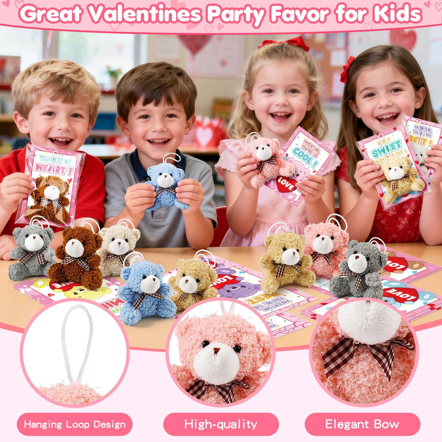 Polokping Valentines Day Cards for Kids – 24-Pack Plush Bear Keychains & Card Set