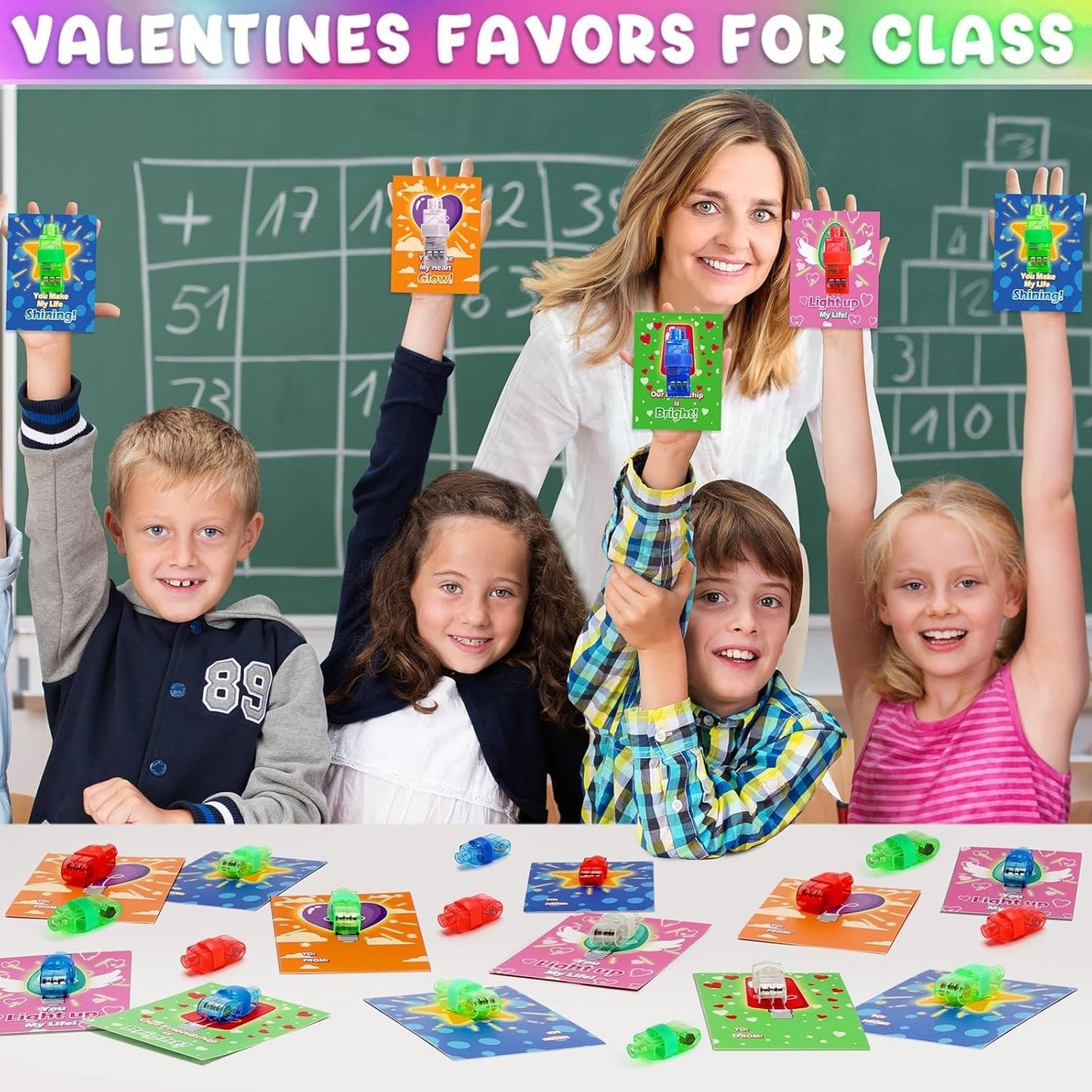 Polokping Valentines Day Gifts for Kids - 28 LED Finger Lights & Cards | Classroom Favors