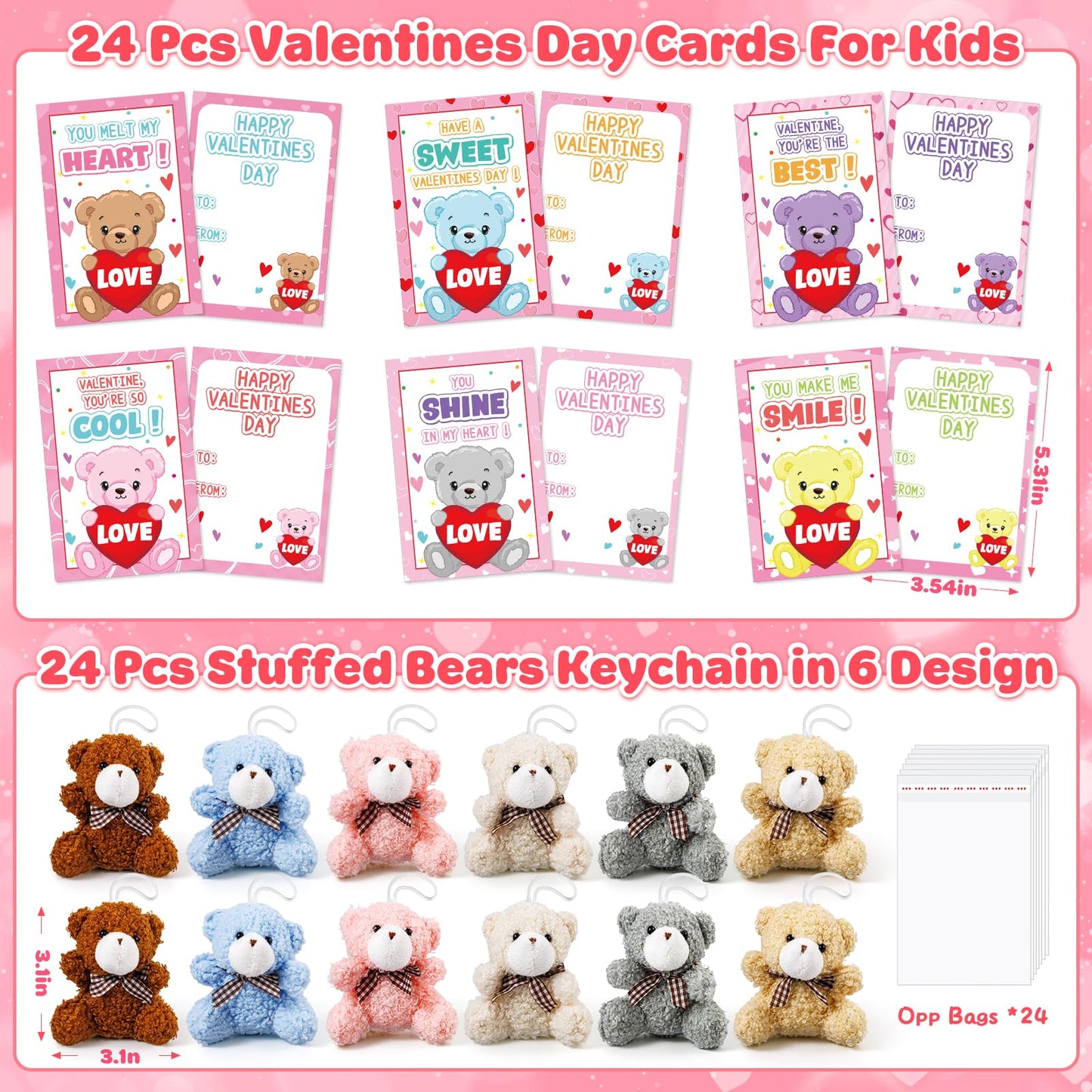 Polokping Valentines Day Cards for Kids – 24-Pack Plush Bear Keychains & Card Set
