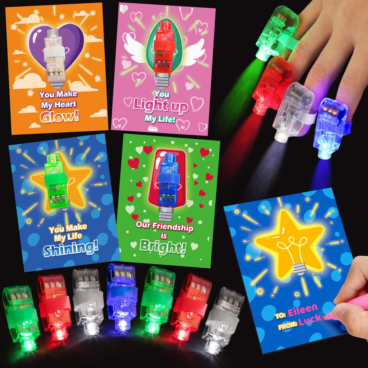 Polokping Valentines Day Gifts for Kids - 28 LED Finger Lights & Cards | Classroom Favors